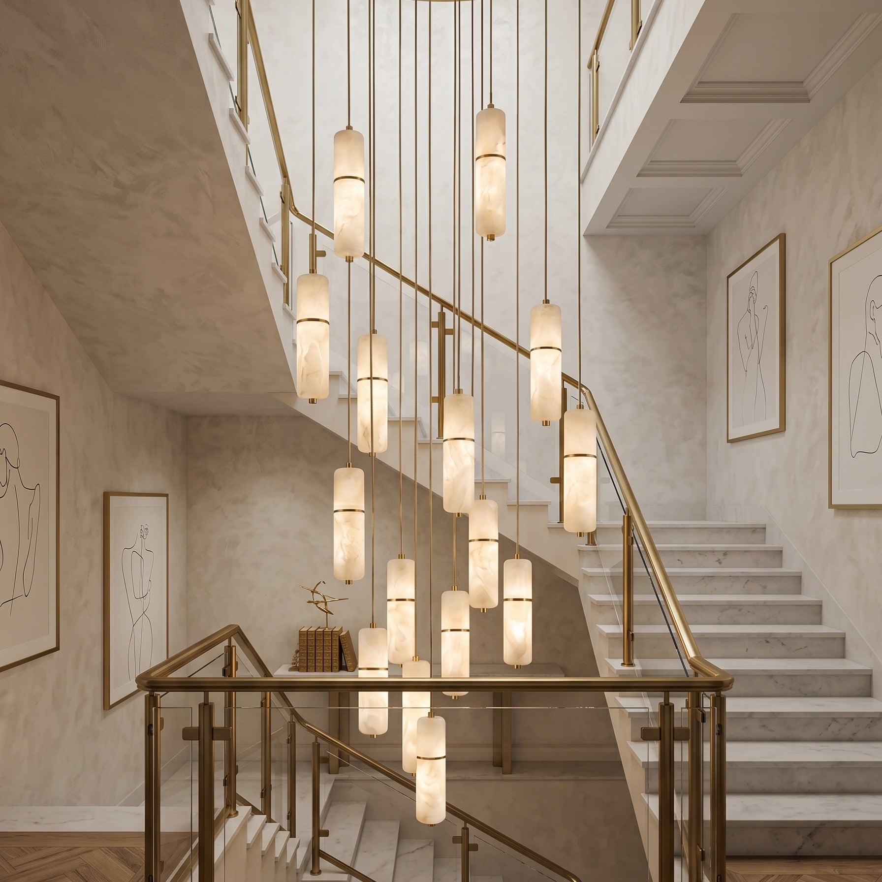 Close-up view of the Cannula Alabaster Chandelier's natural stone veining.