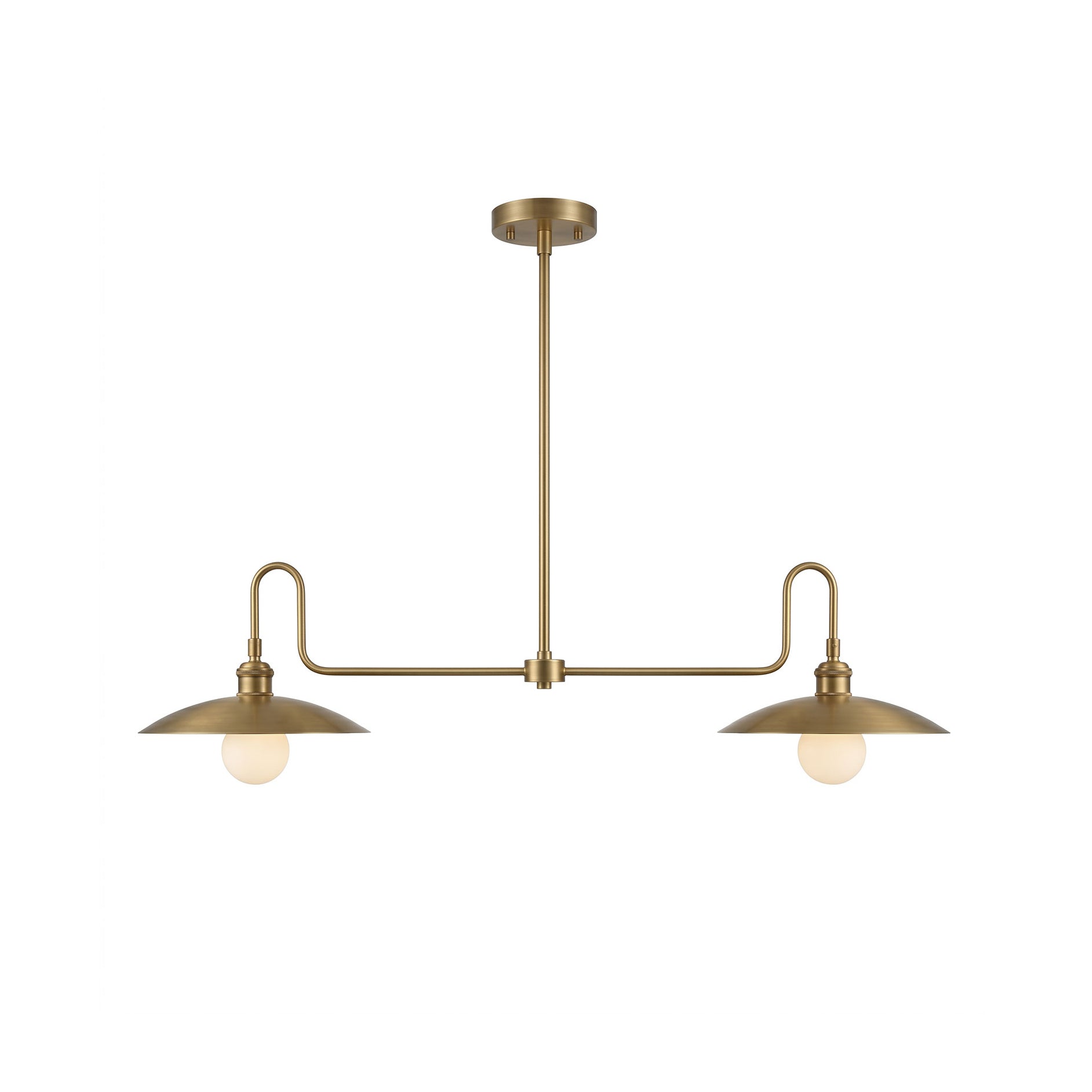 Cantina Linear Chandelier in antique brass finish over a kitchen island.