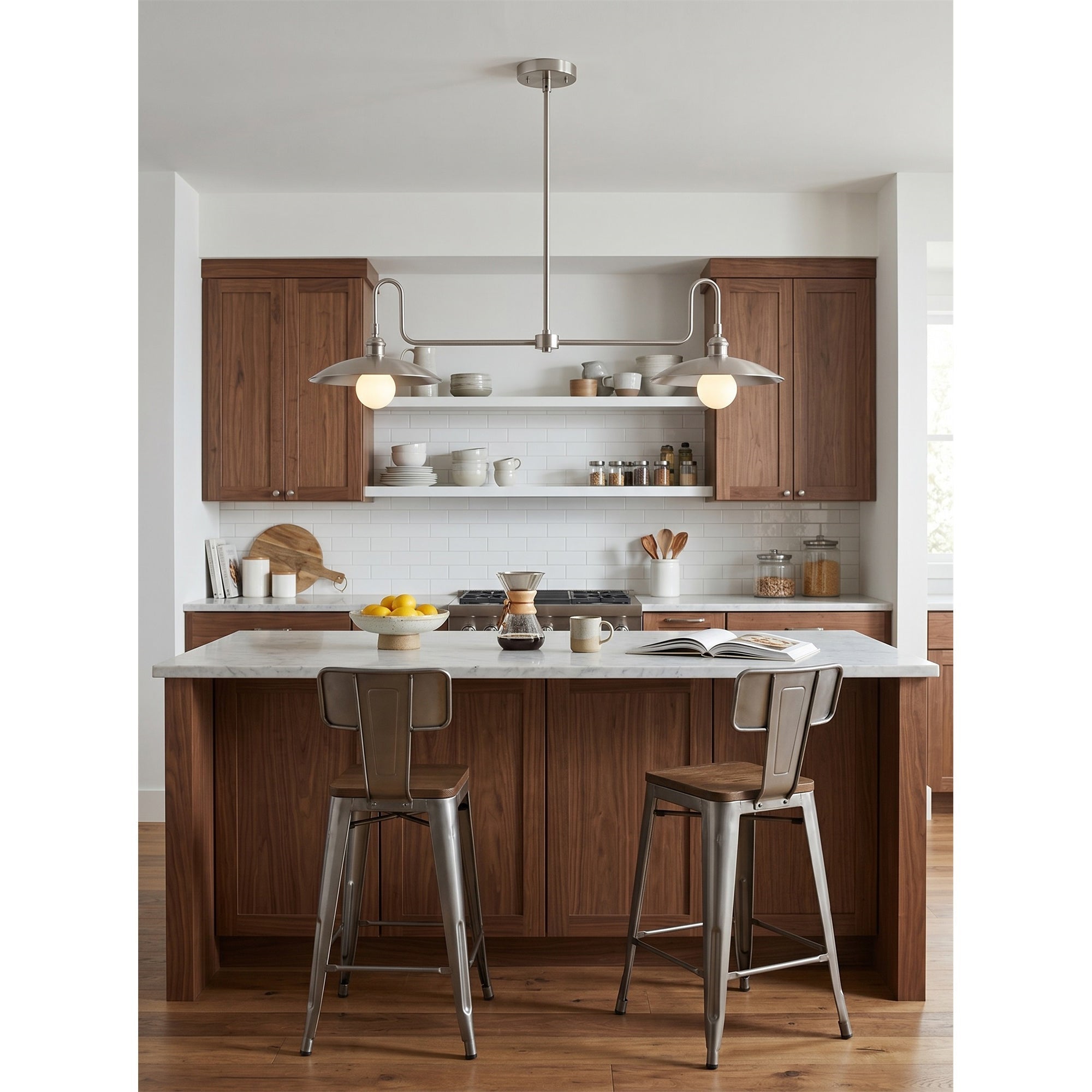 Angled view of the antique brass Cantina Linear Chandelier.