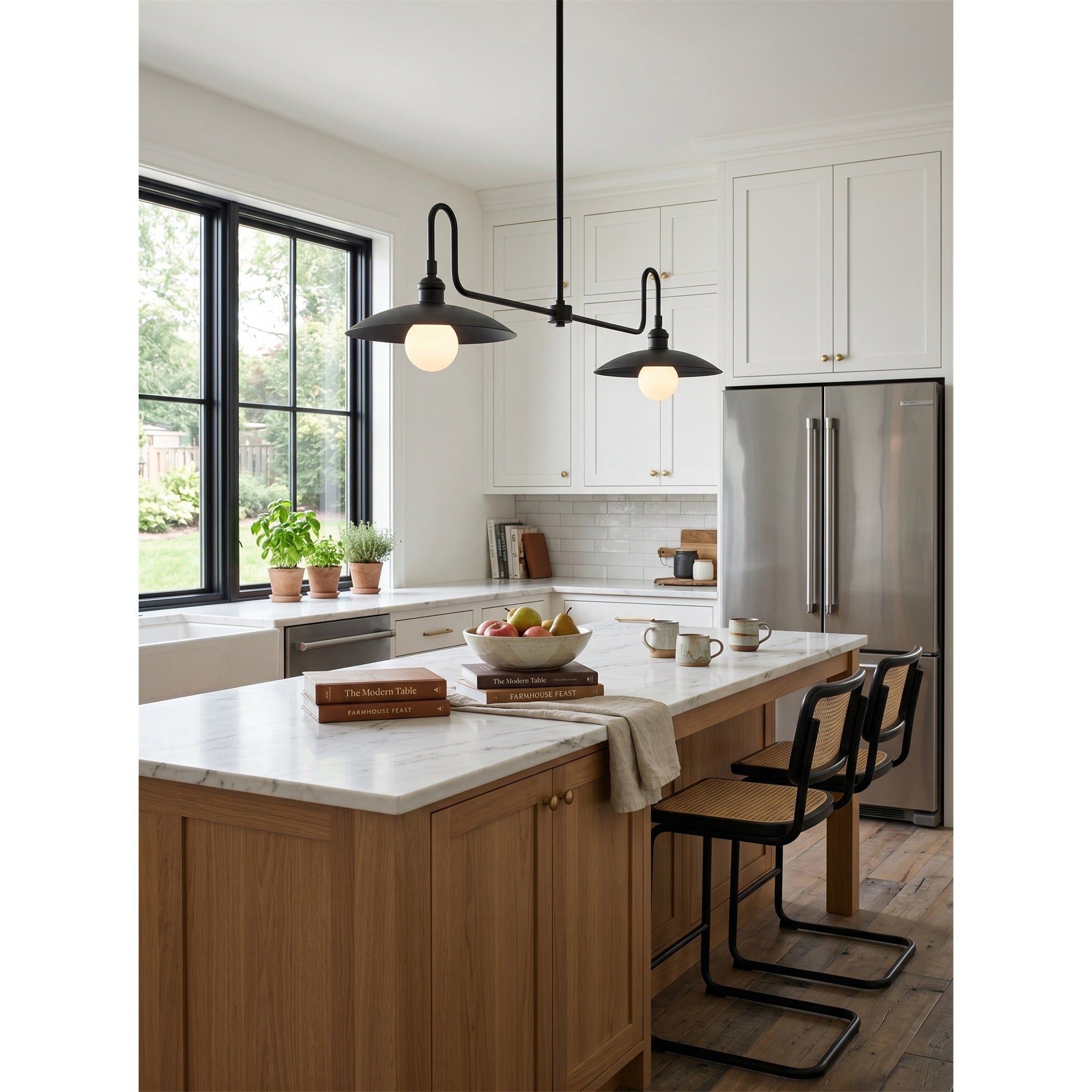 Cantina Linear Chandelier in black finish in a modern kitchen setting.