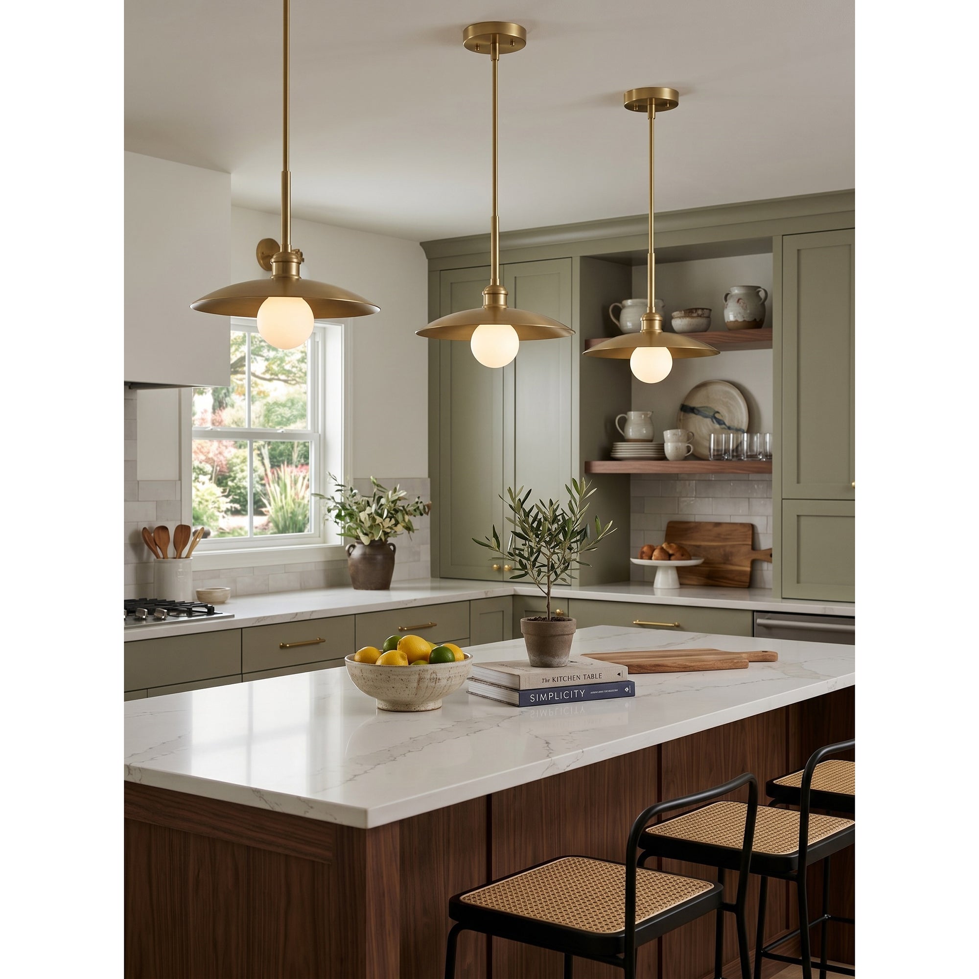 Cantina Pendant Lamp in antique brass in a modern farmhouse setting.