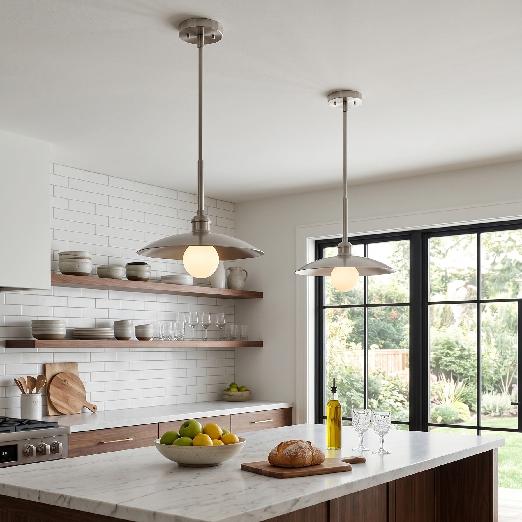 Close-up of the Cantina Pendant Lamp's brass dome and opal globe.