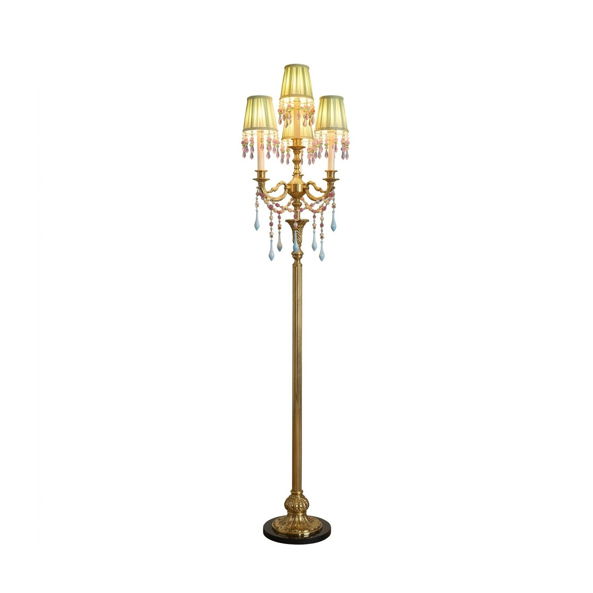 Carins Pleated Floor Lamp with green shades and crystal details in a living room setting.