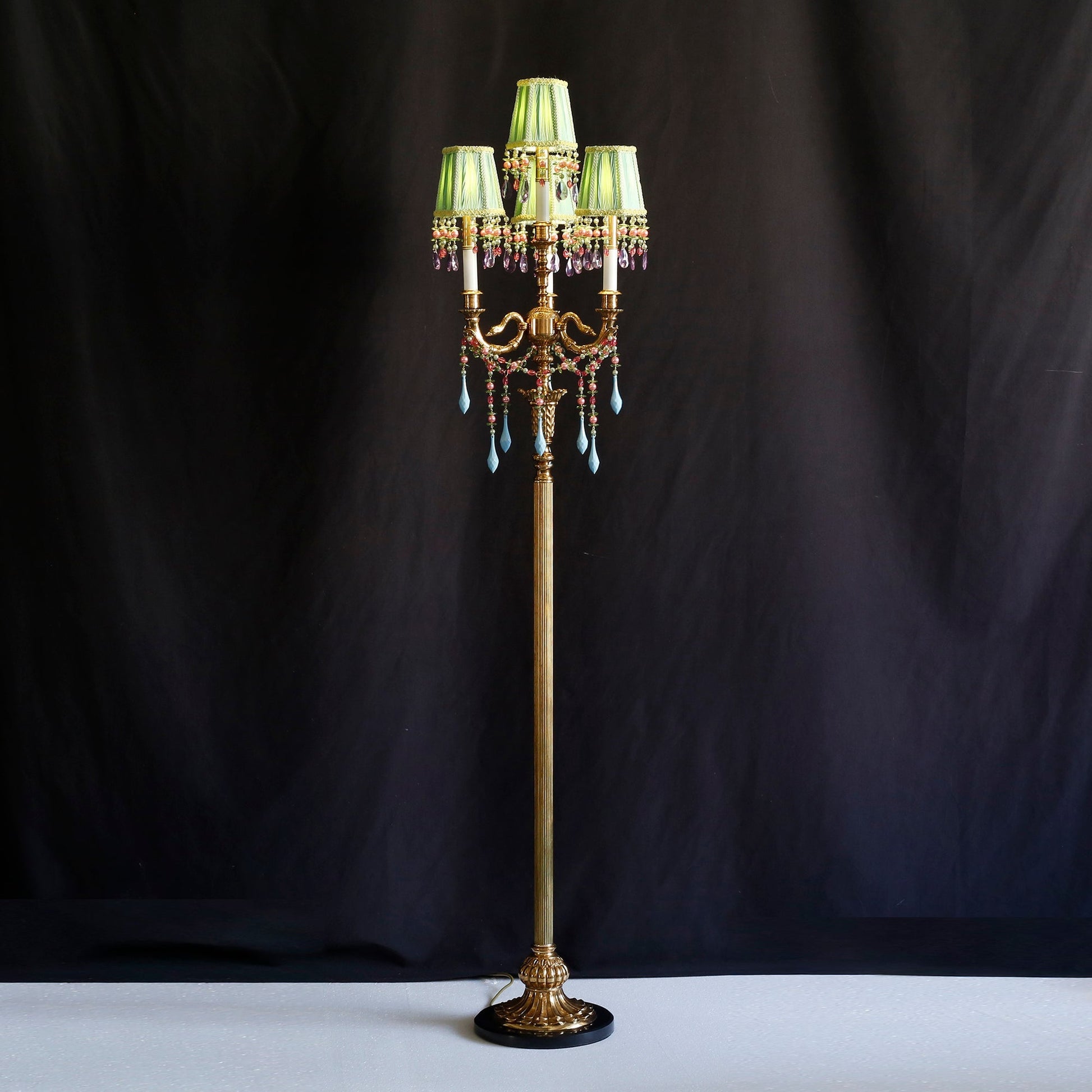 Dimensions and specifications overlayed on an image of the Carins Floor Lamp.