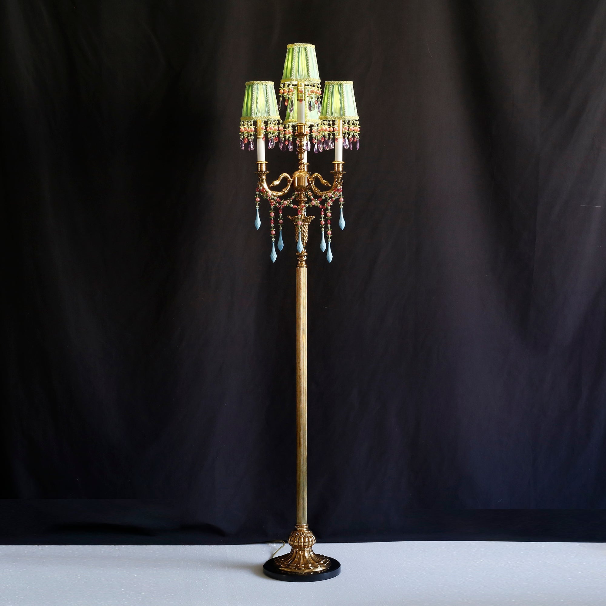 Dimensions and specifications overlayed on an image of the Carins Floor Lamp.