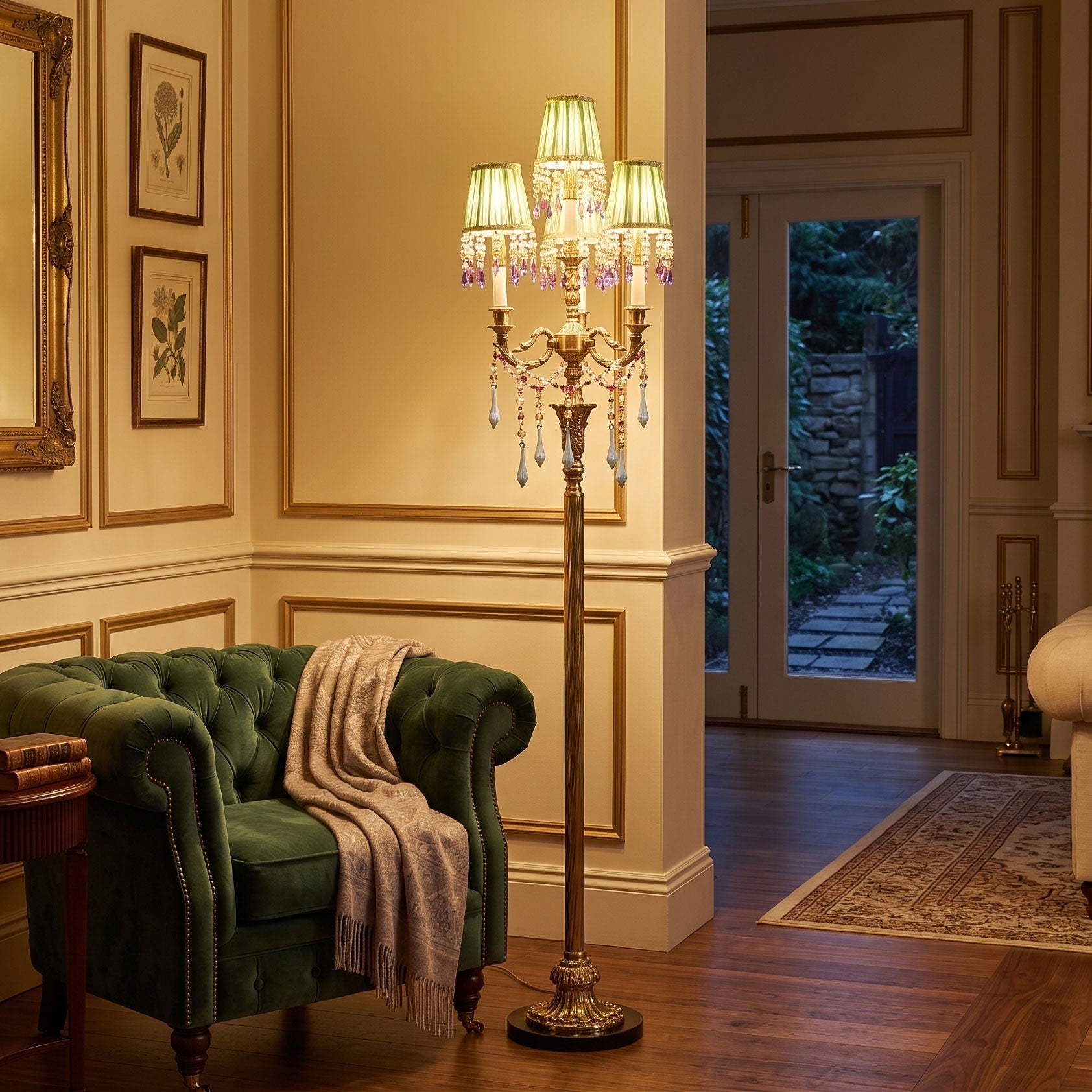 Close-up of the Carins Floor Lamp's pleated green fabric shades and colorful crystal droplets.