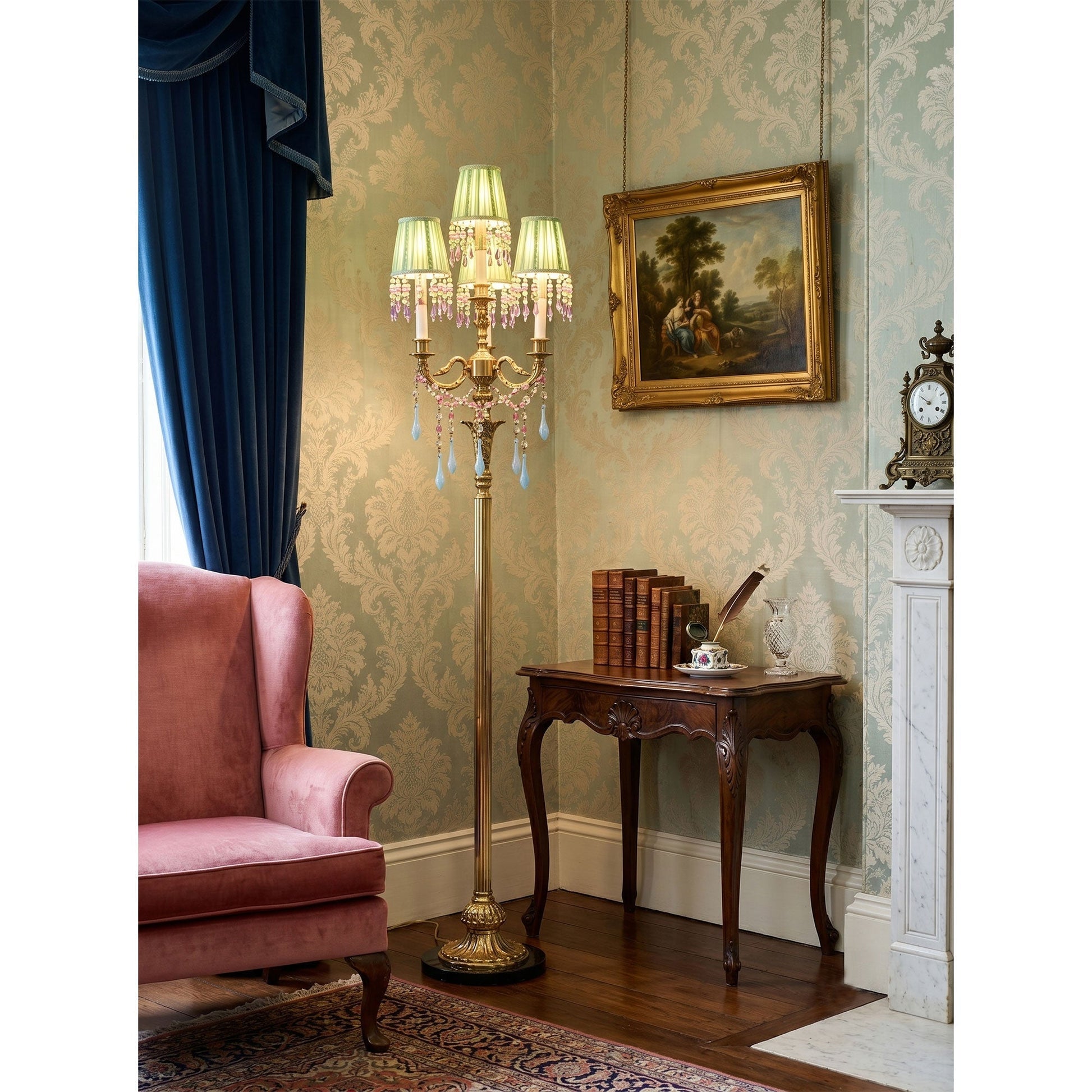 Carins Pleated Floor Lamp illuminated at night, casting a warm glow.