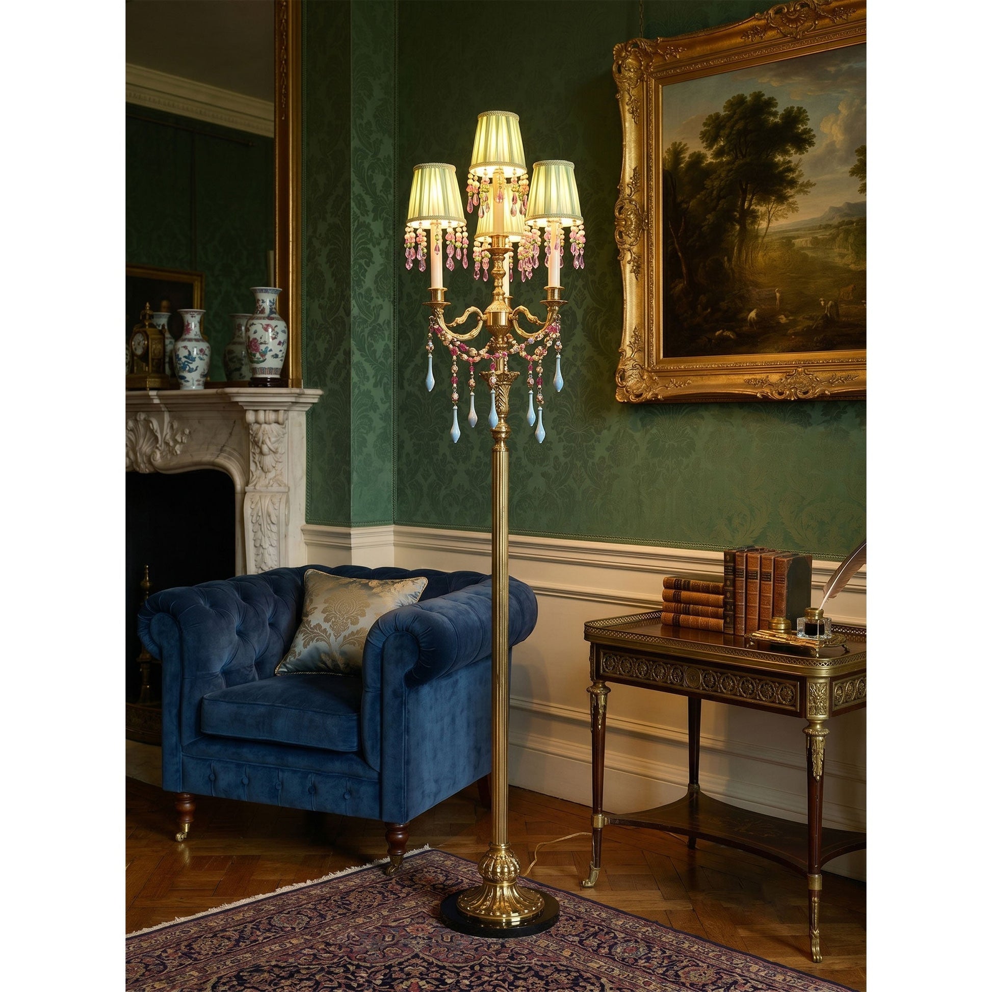 The marble base of the Carins Floor Lamp on a wooden floor.