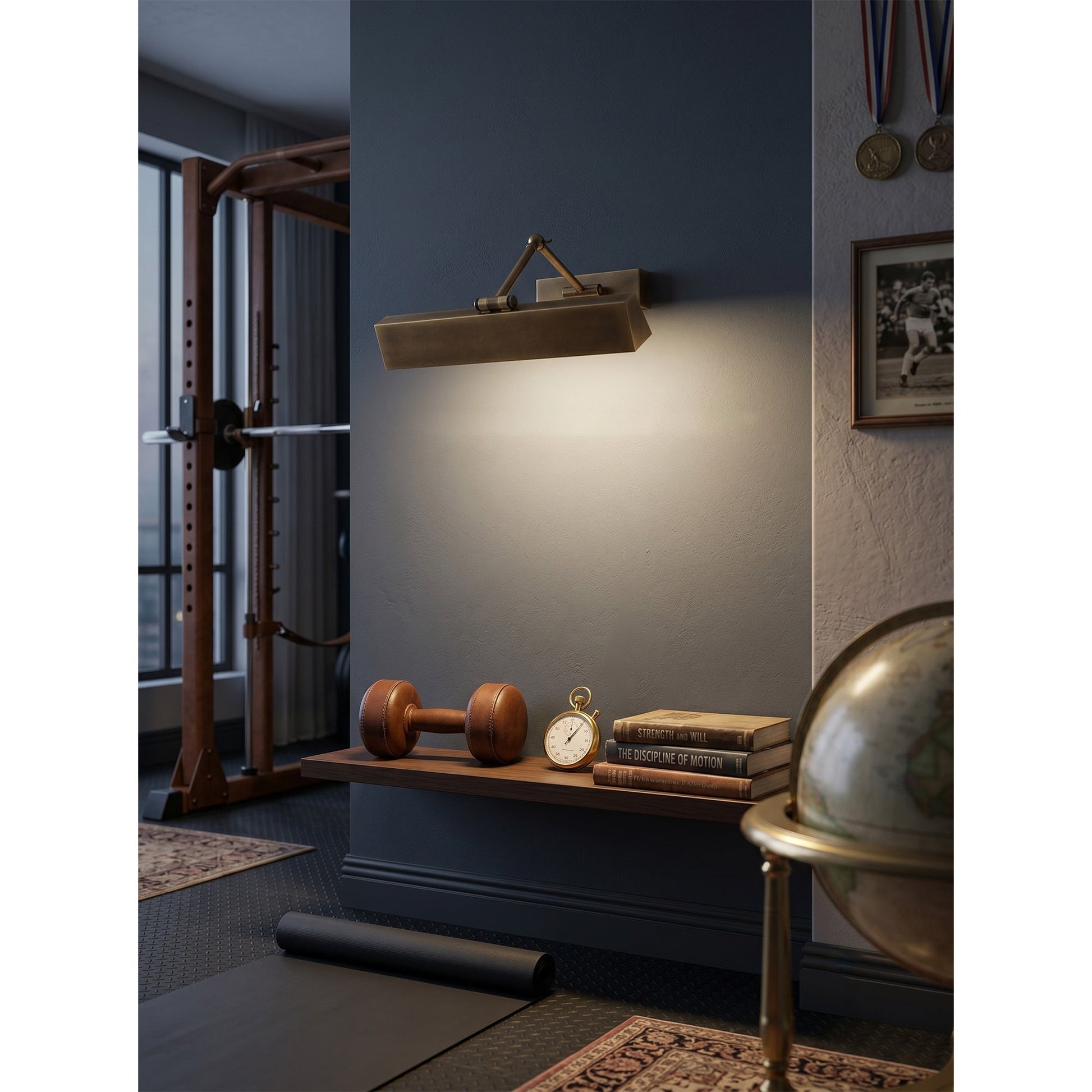 A lifestyle shot of the sconce in a cozy reading nook.