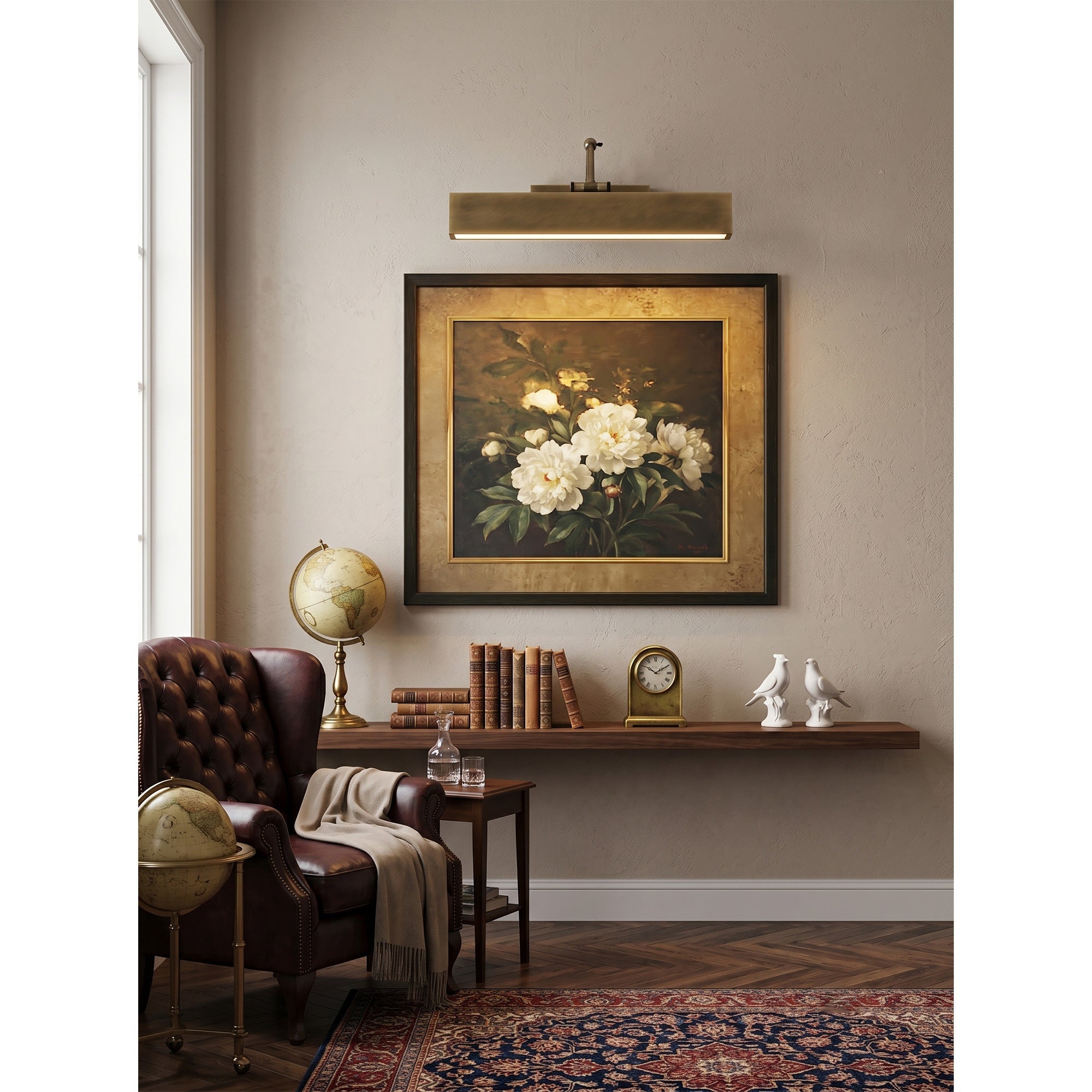 Angled view of the antique bronze wall sconce.