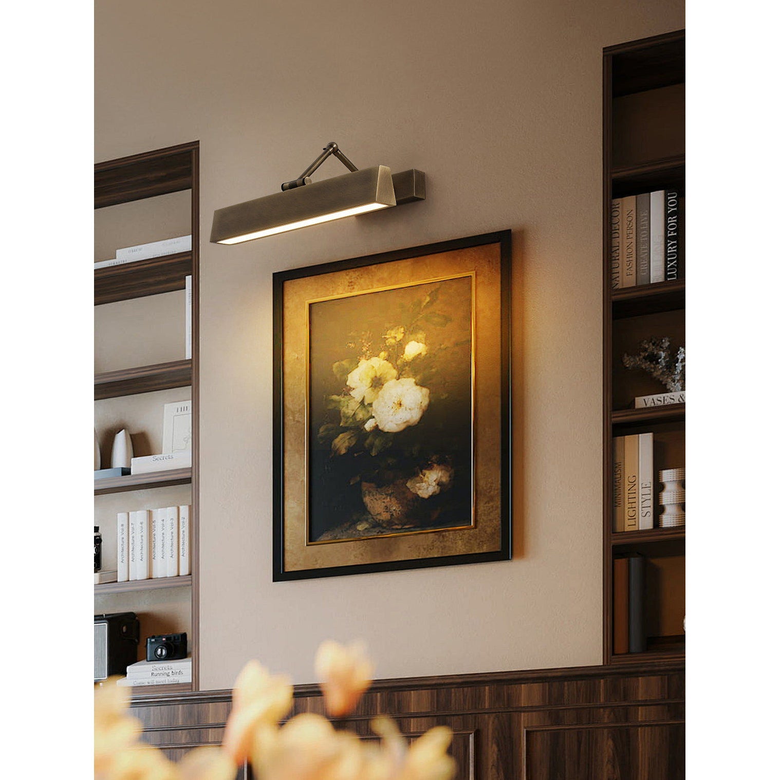 The warm 3000K light from the integrated LED source.