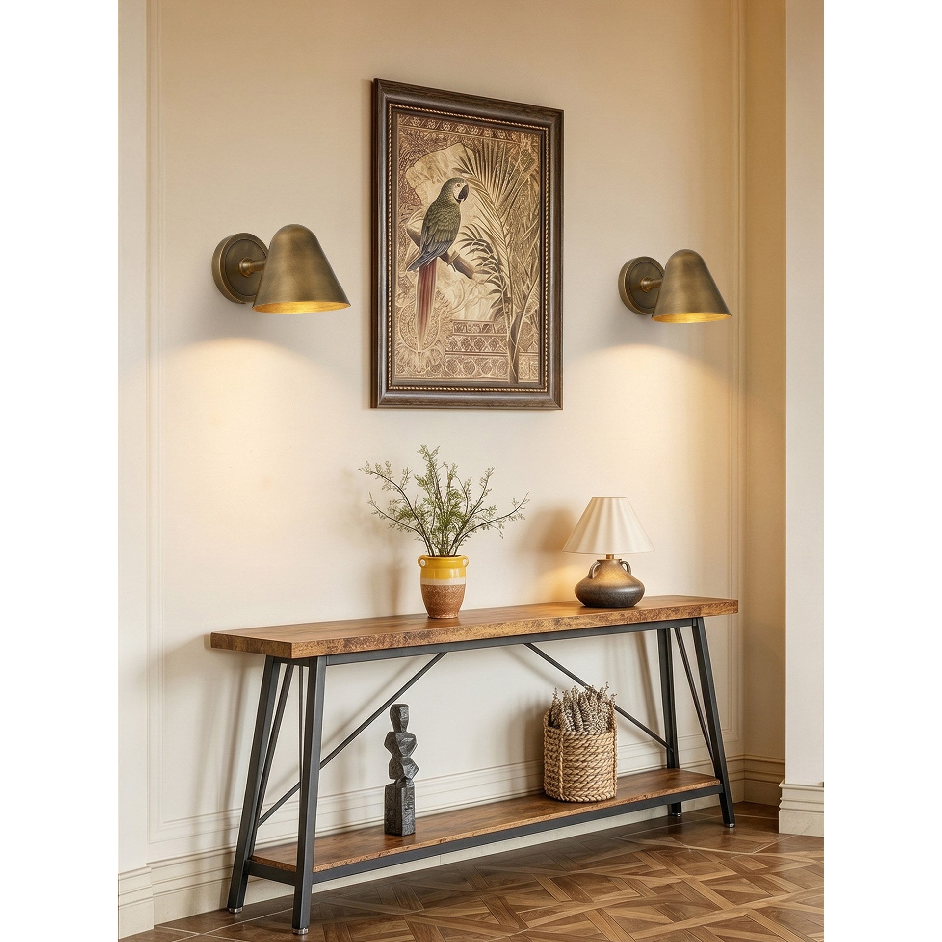 Lifestyle image of the sconce in a minimalist entryway.