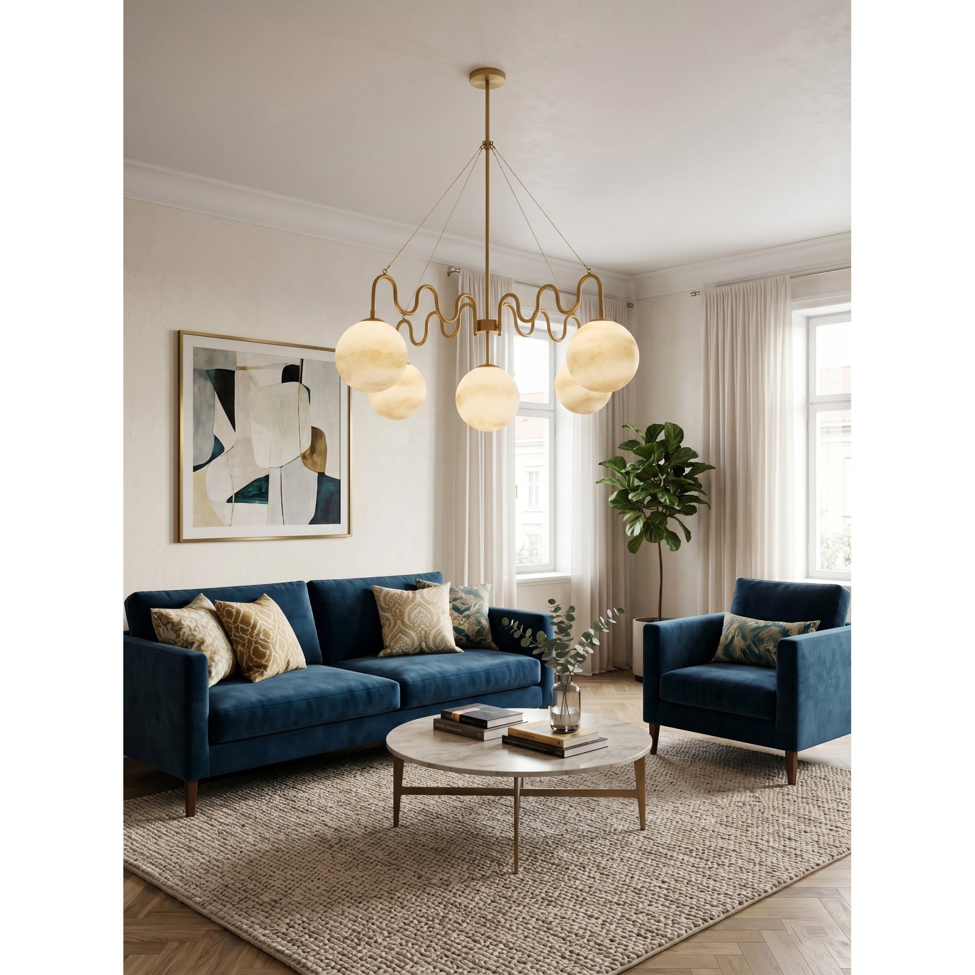 Side profile of the chandelier, emphasizing its linear and sculptural design.