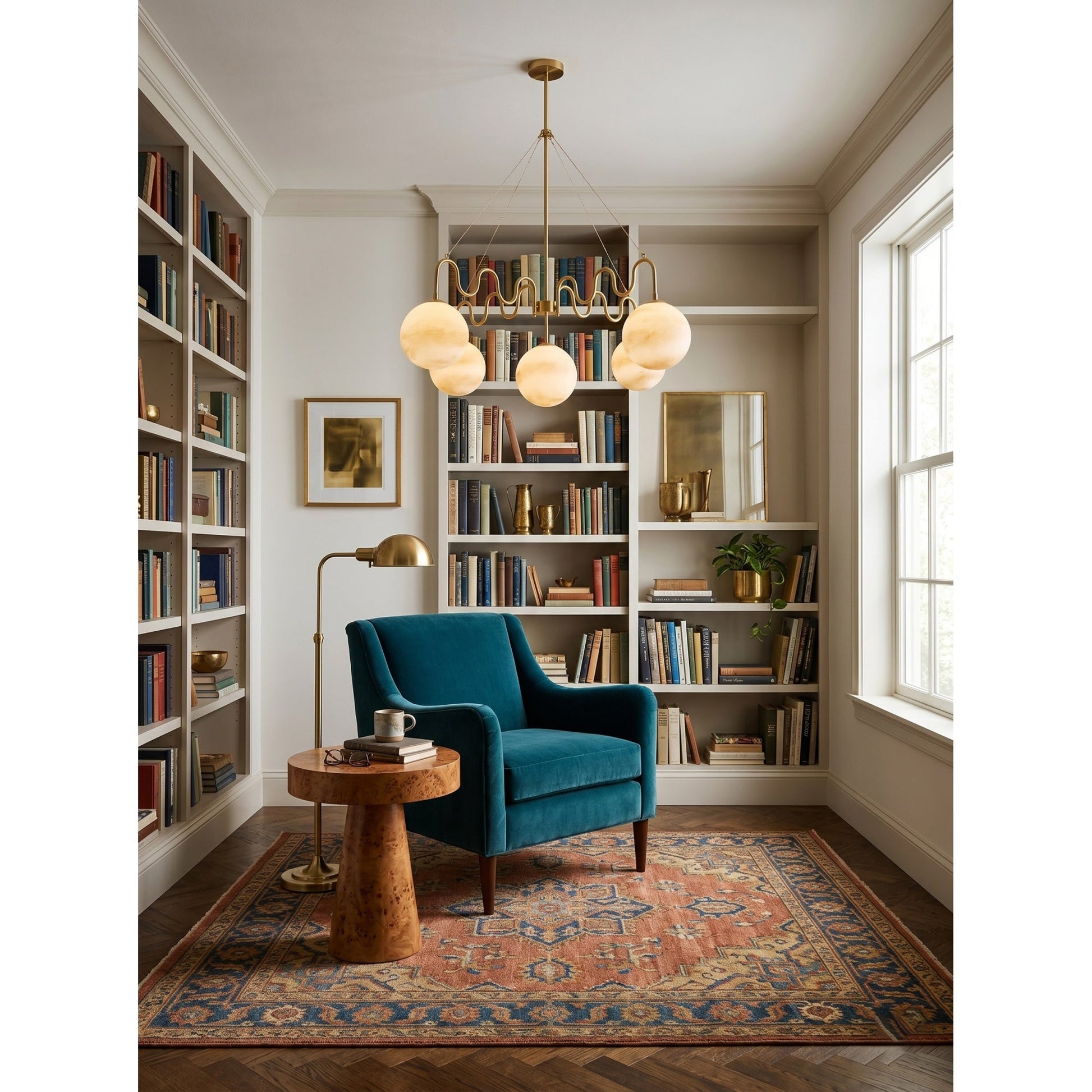 The Cecil Chandelier illuminated, casting a warm and inviting glow.
