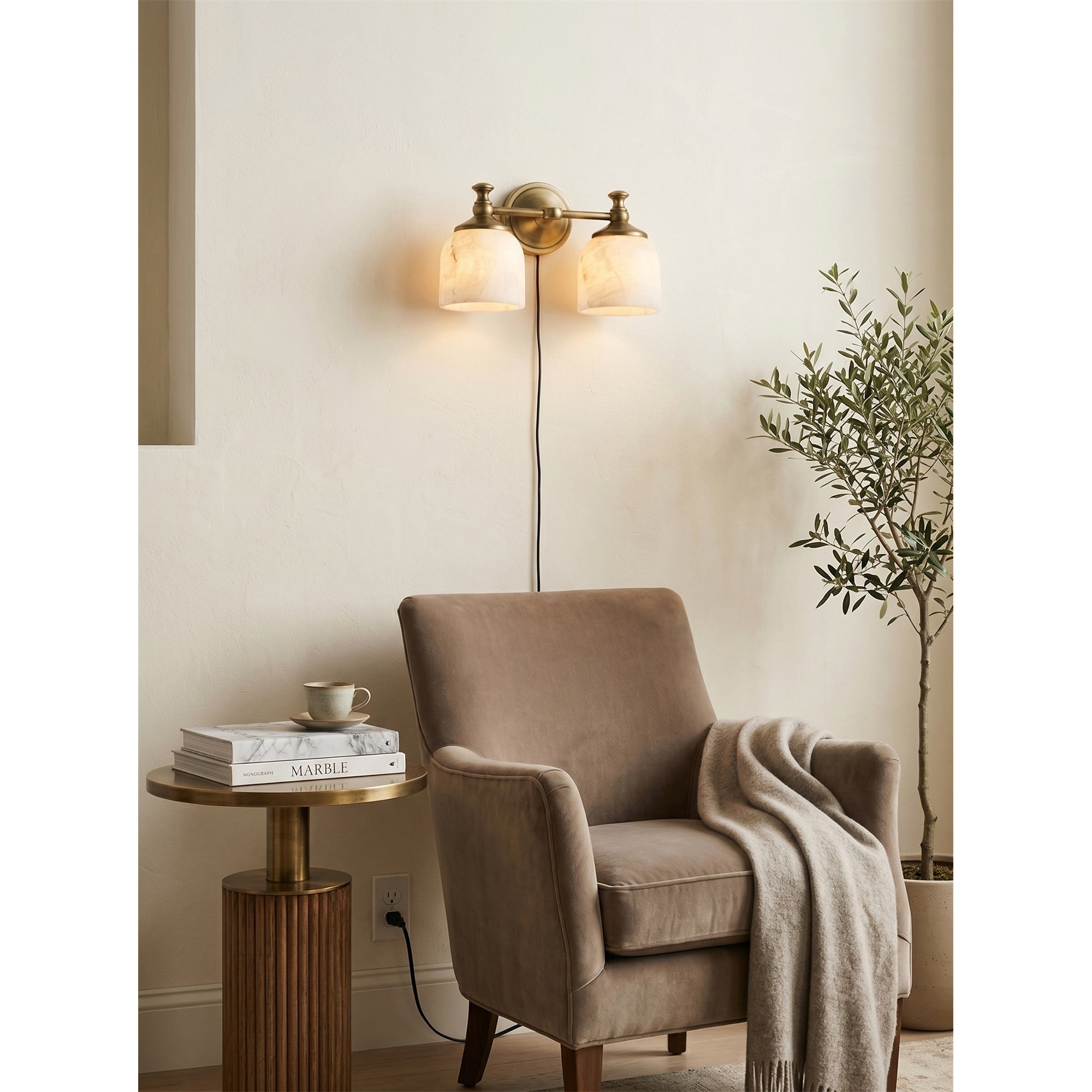 Front view of the double-head Chart Alabaster Wall Sconce in black.