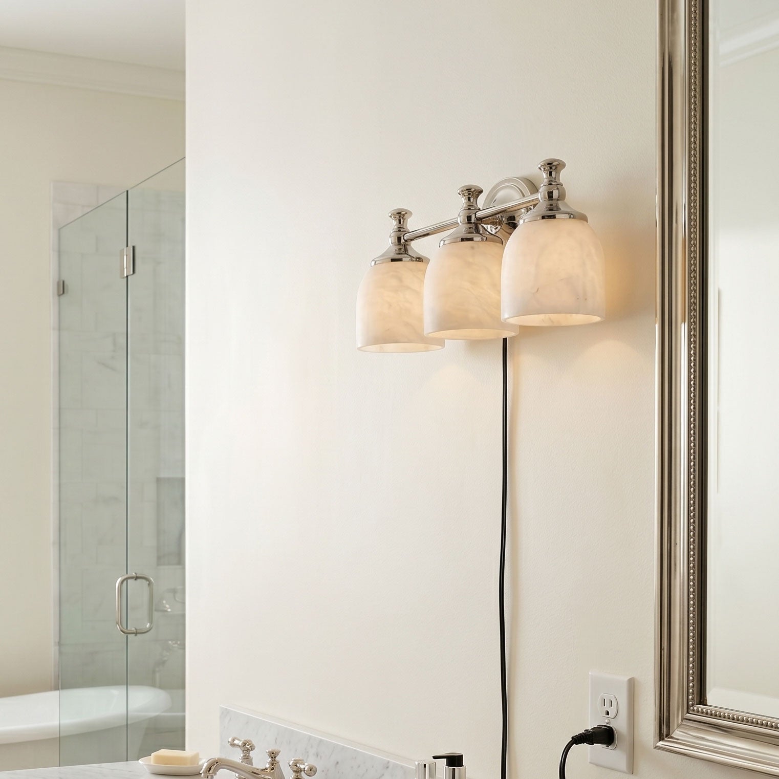 Close-up of the natural veining on the alabaster shade of the Chart wall sconce.