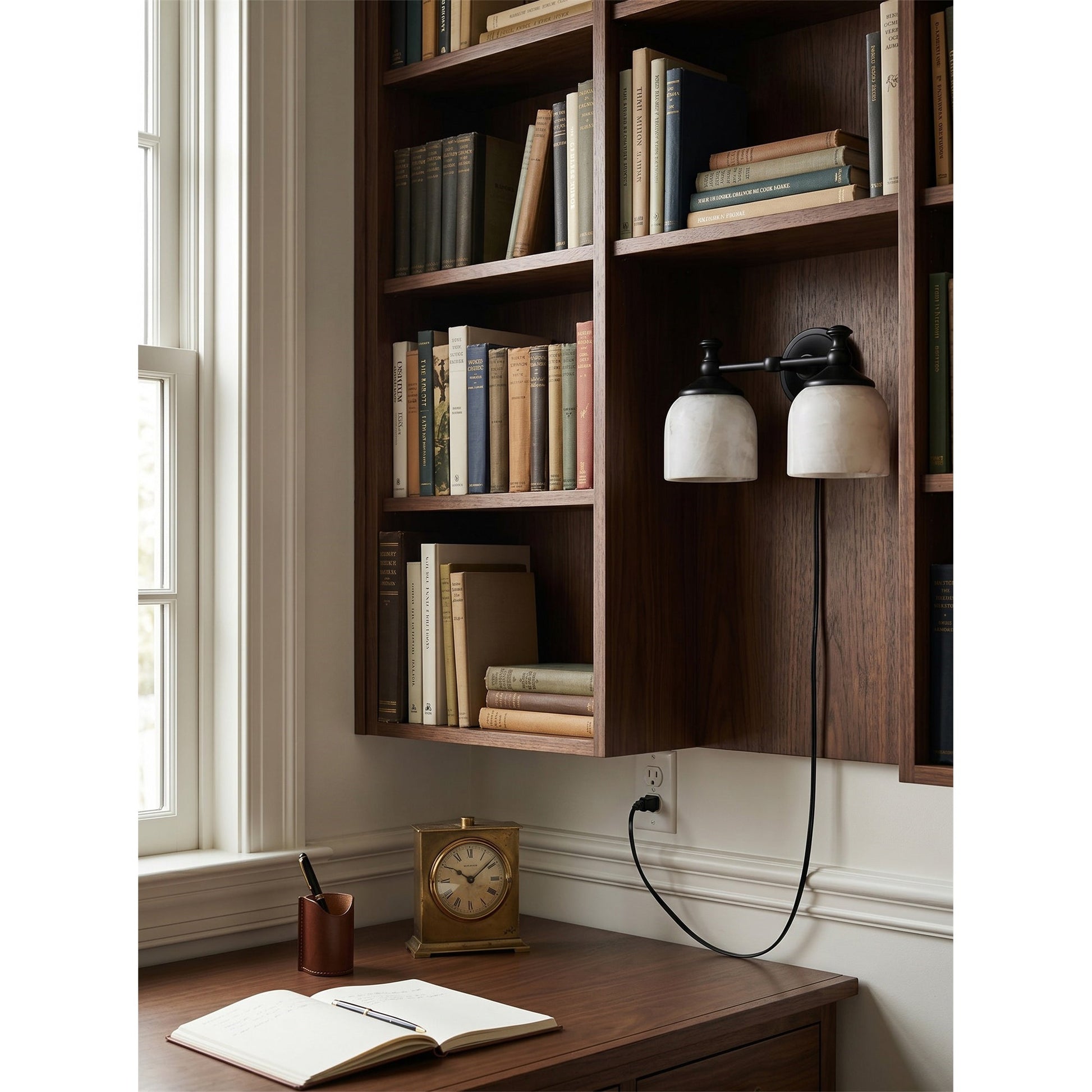 Chart Alabaster Wall Sconce used as a bedside reading light in a cozy bedroom.