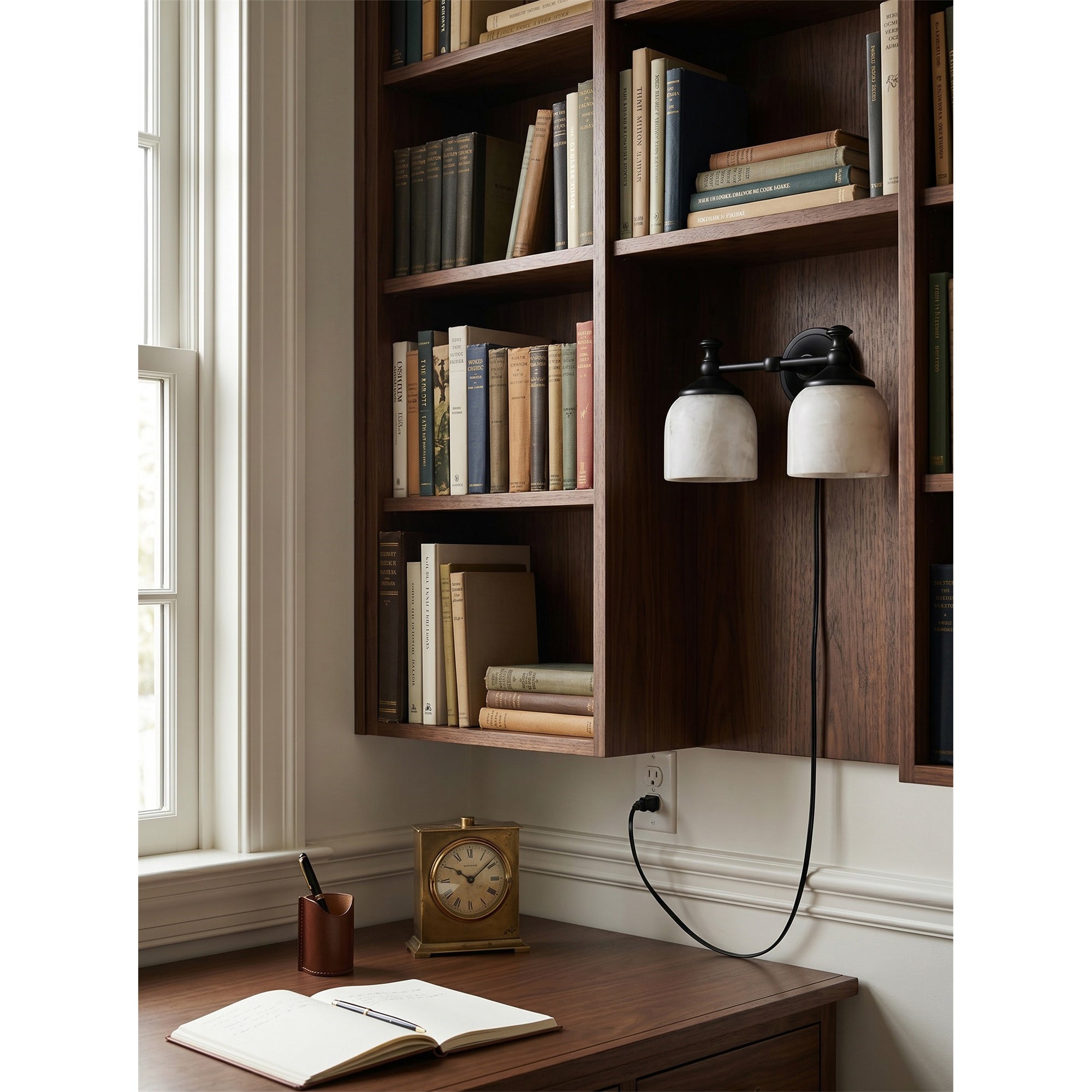 Chart Alabaster Wall Sconce used as a bedside reading light in a cozy bedroom.