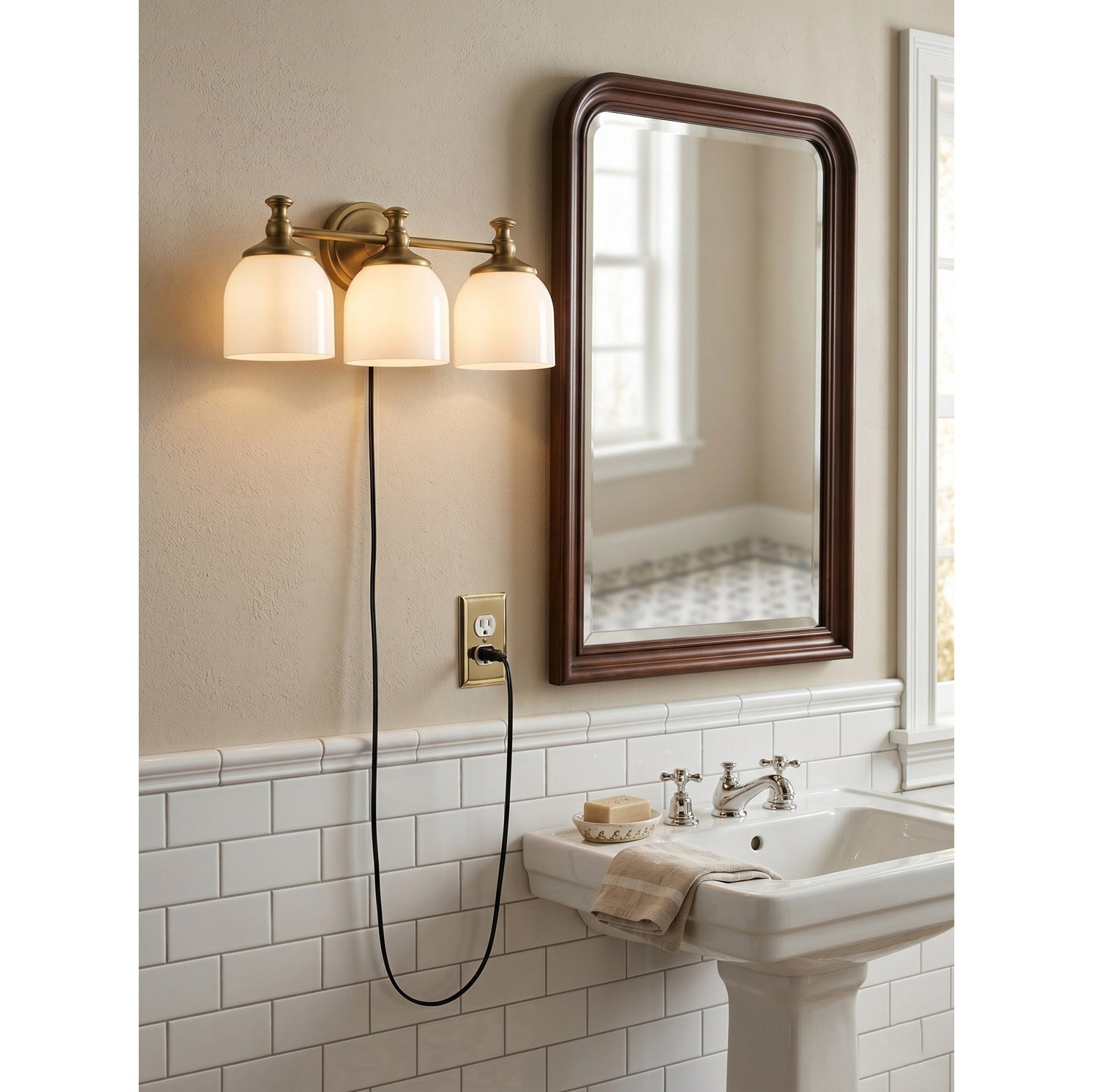 Side view of the 3-head nickel sconce.