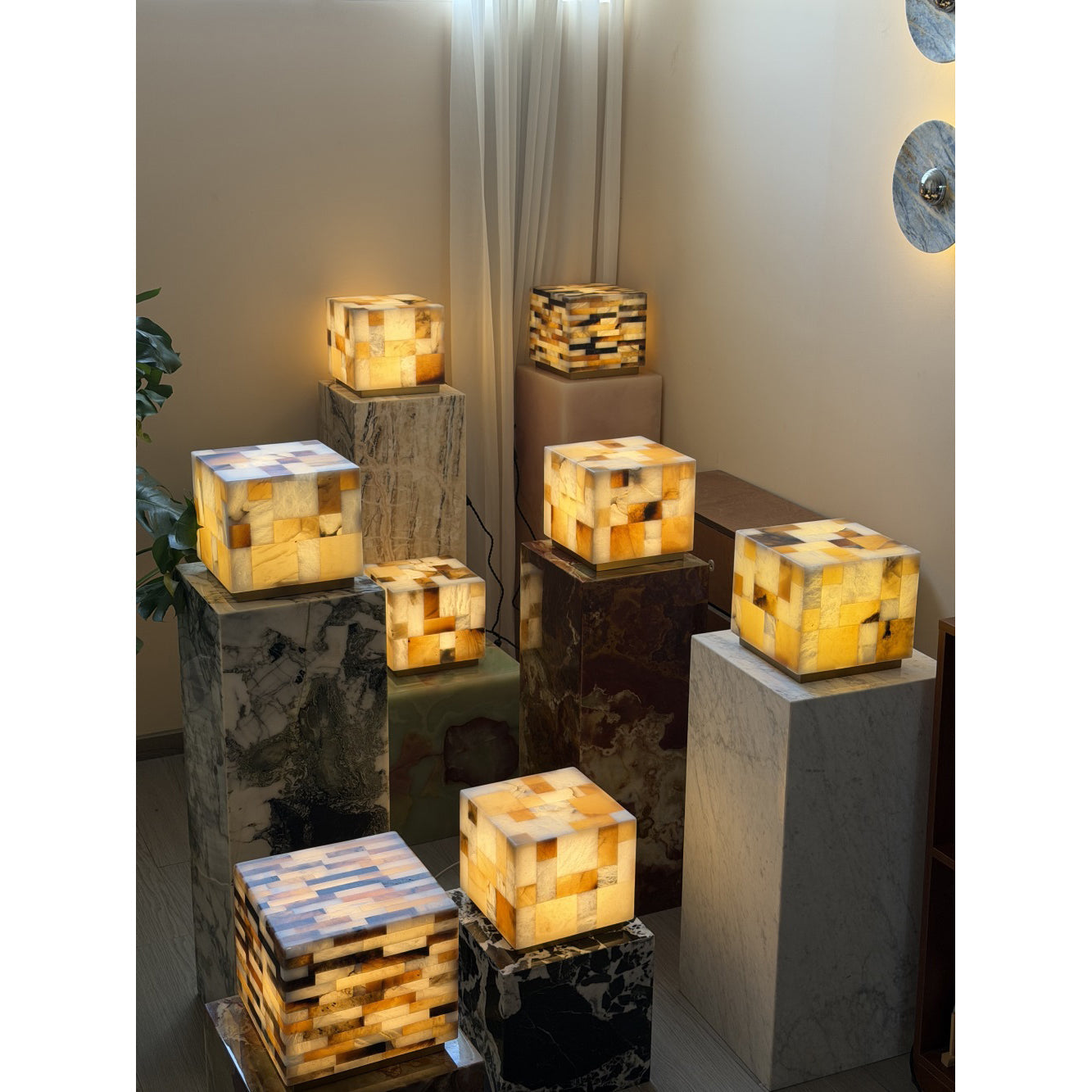 The lamp on an entryway console table.