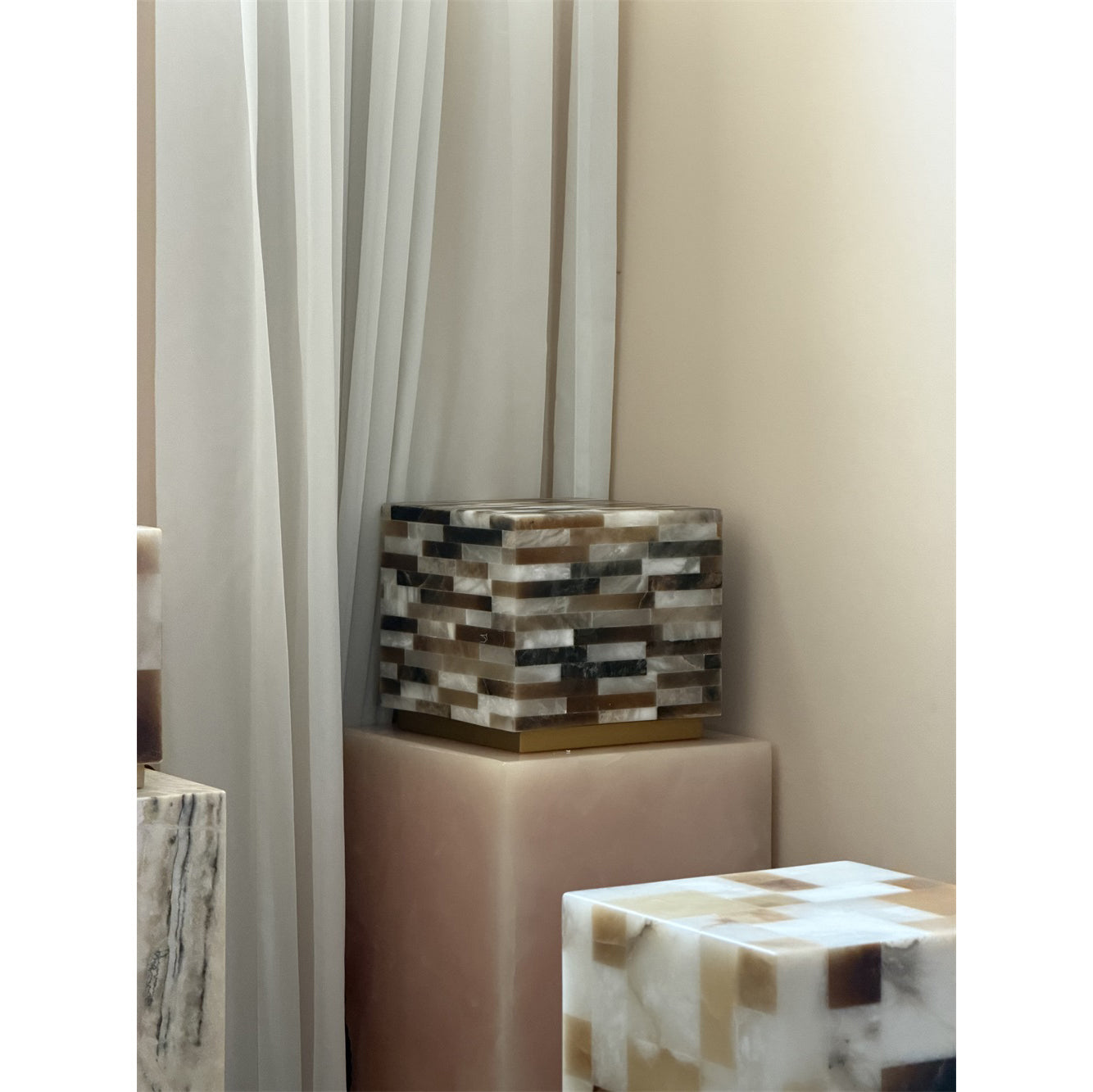 Side profile of the checkerboard alabaster lamp.