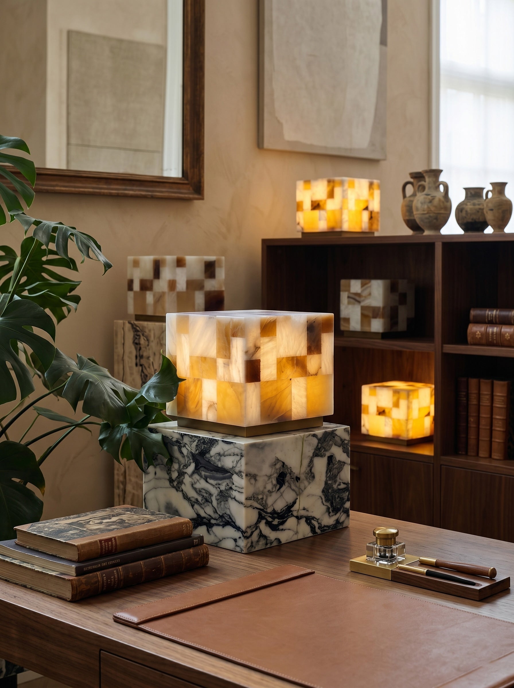 Close-up of the checkerboard pattern on the alabaster lamp.