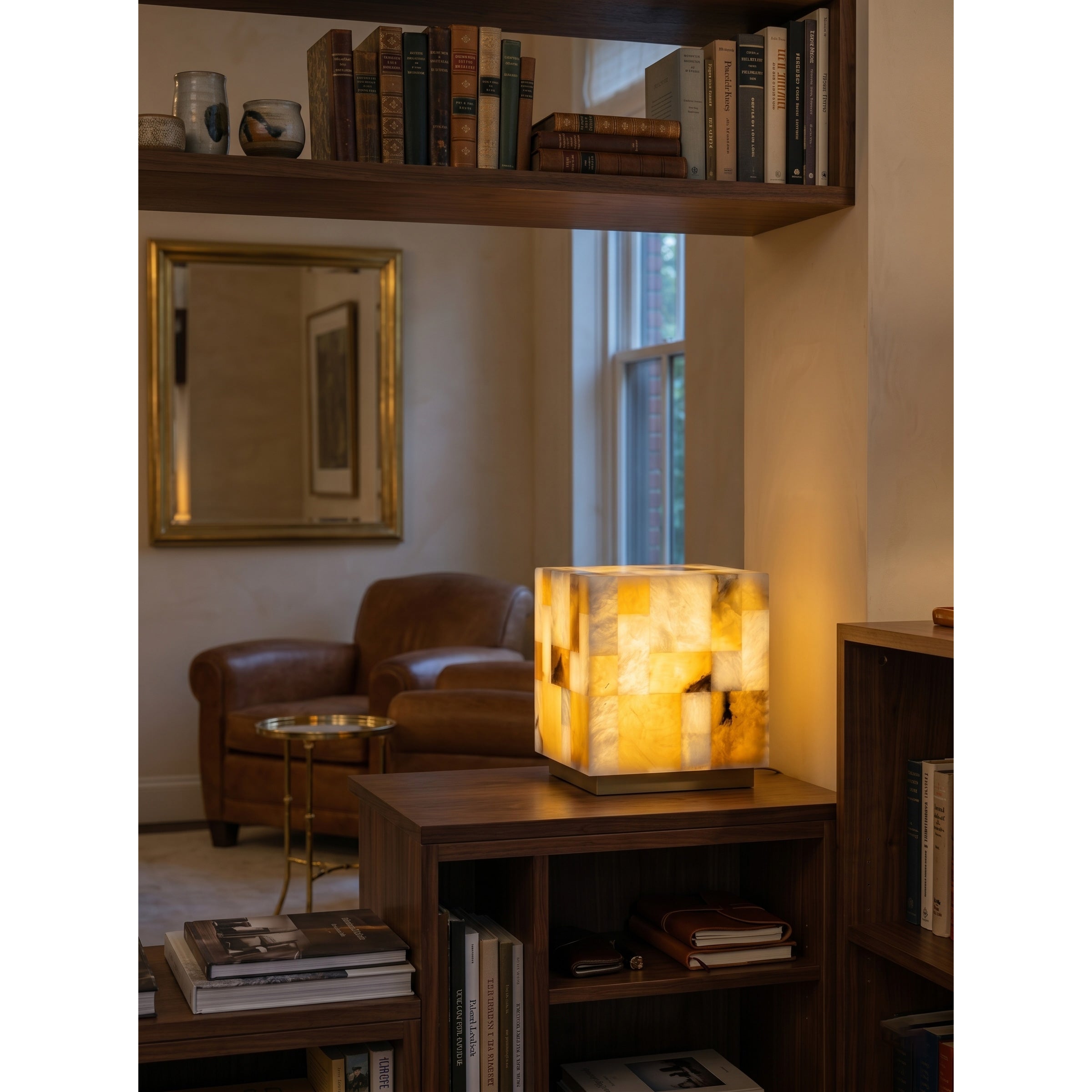 The checkerboard lamp styled on a modern bedside table.