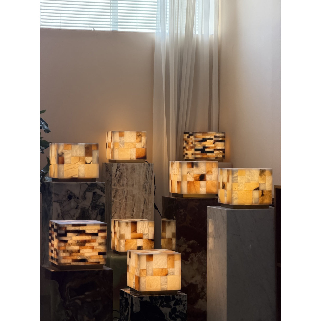 The lamp unlit, showing the cream and amber alabaster tiles.