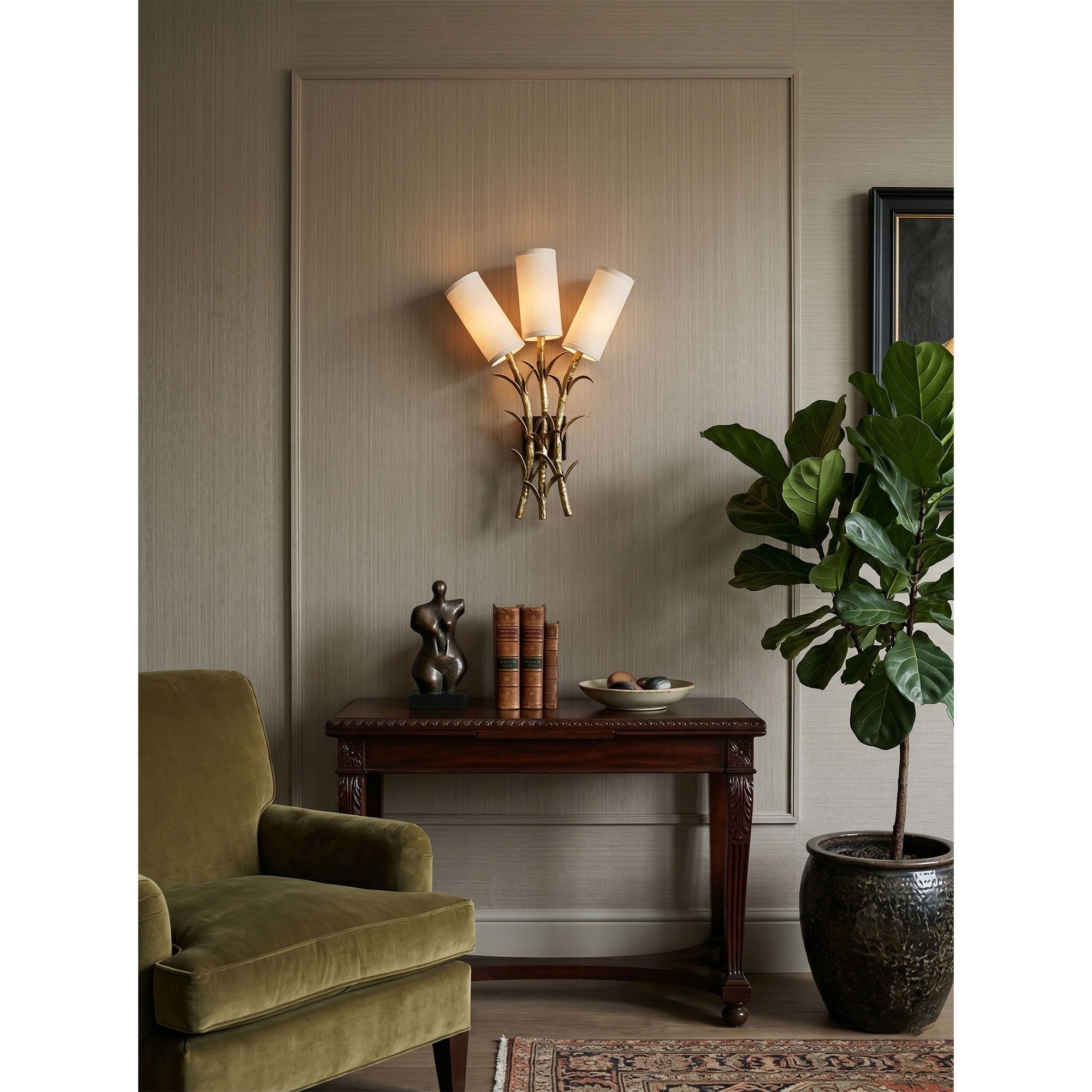 Detail shot of the gilded brass twig frame of the Chelsea Wall Sconce.