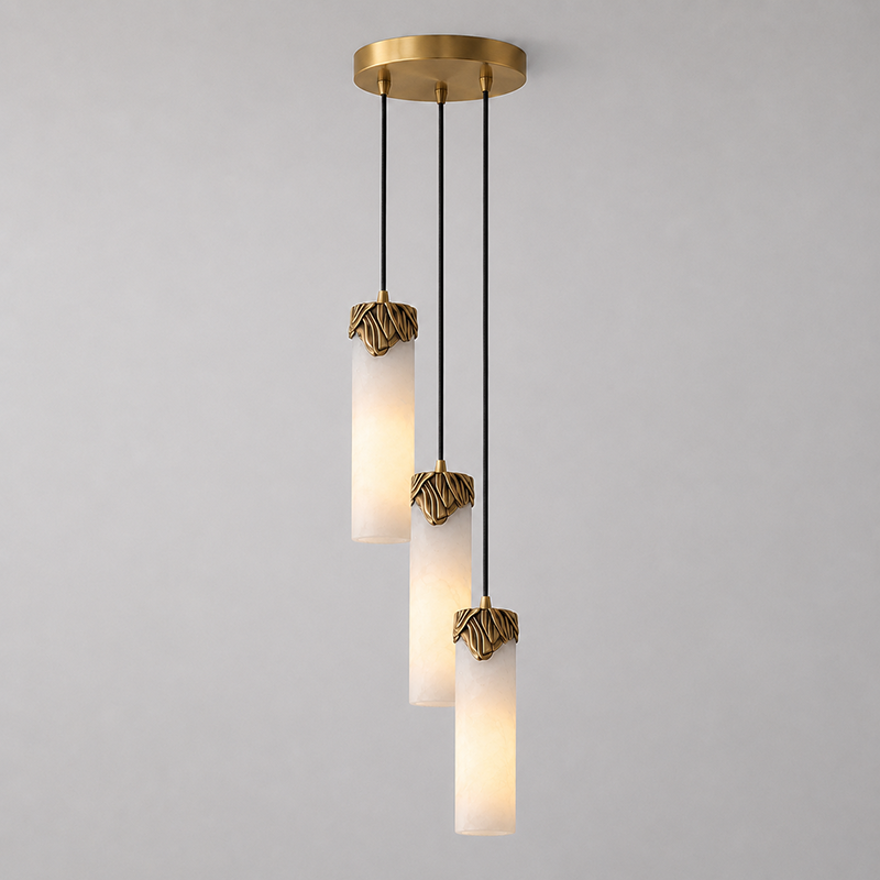 View from below looking up at the cascading alabaster lights.