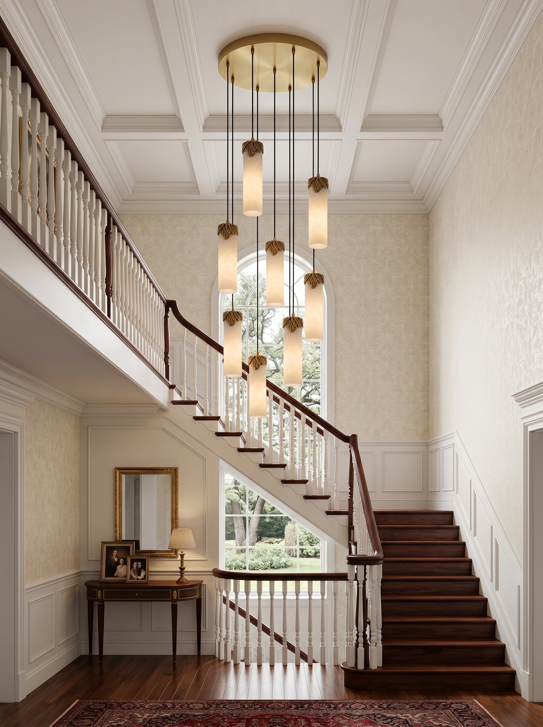 The 9-head Lyra chandelier creating a statement piece in a stairwell.