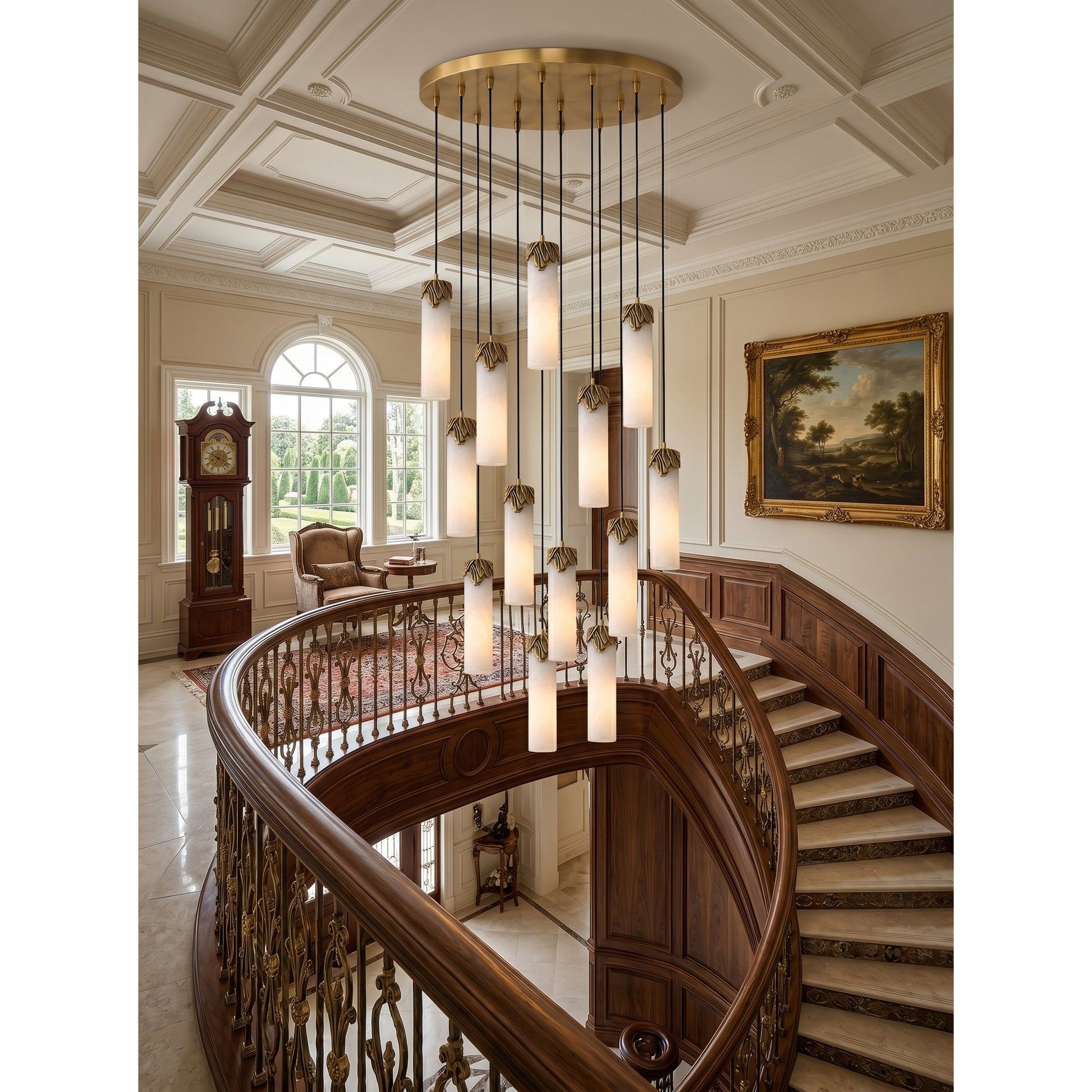 The chandelier shown unlit, highlighting the natural stone and metal craftsmanship.