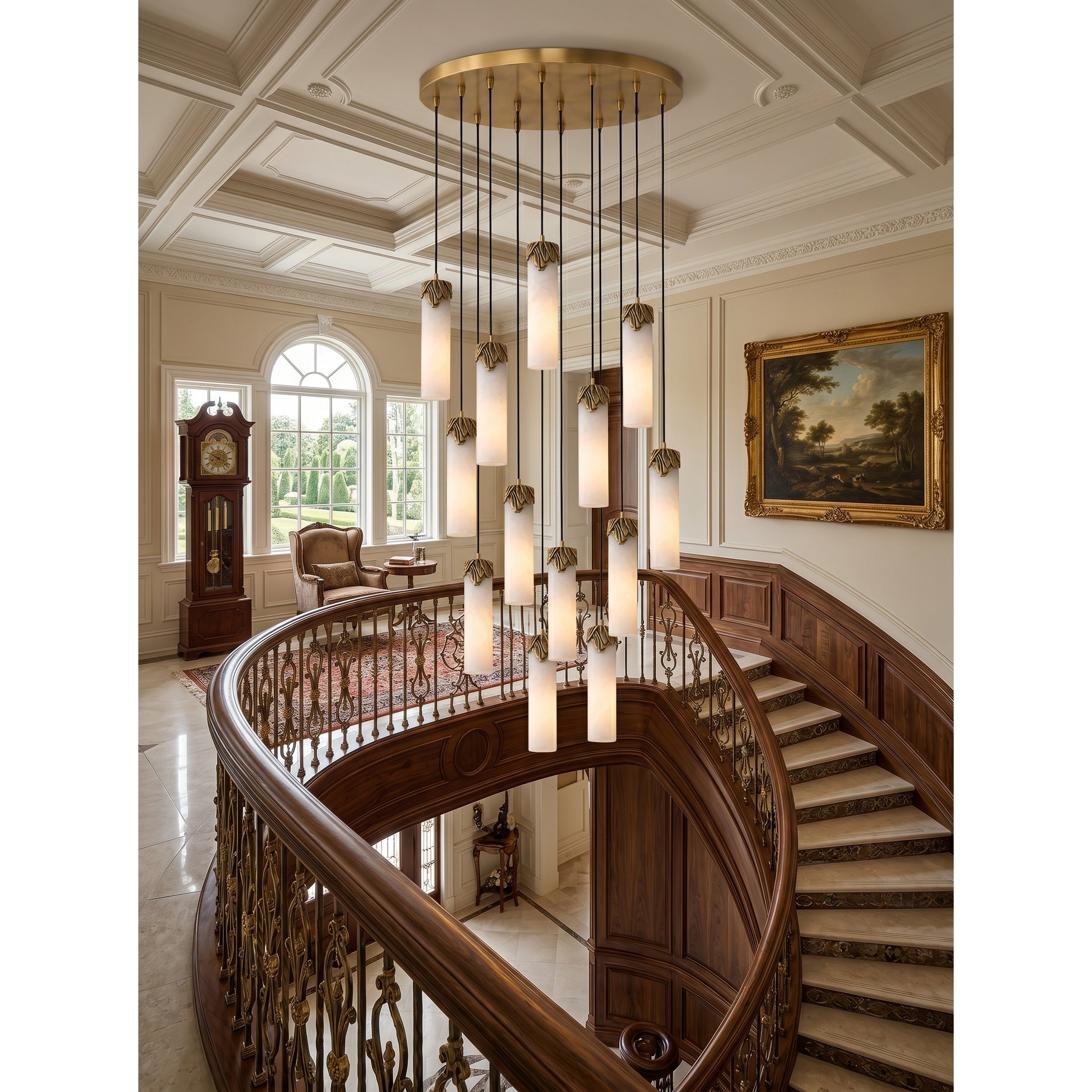 The chandelier shown unlit, highlighting the natural stone and metal craftsmanship.