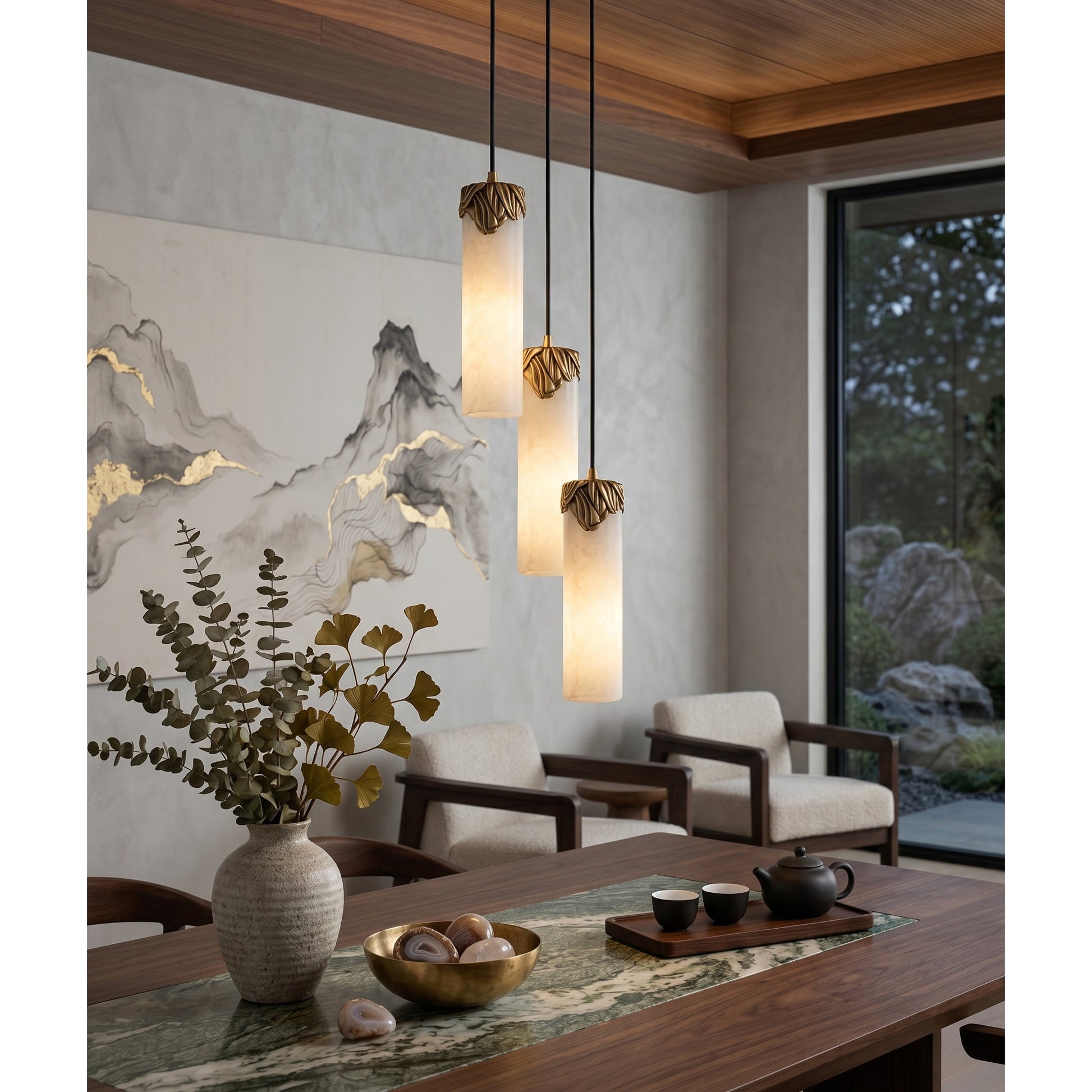 The chandelier shown lit, emphasizing the warm light diffusion through the alabaster.