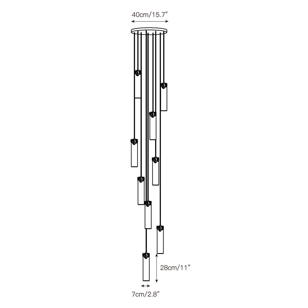 Full view of a large 21-head Dansani Lyra chandelier in a vaulted great room.