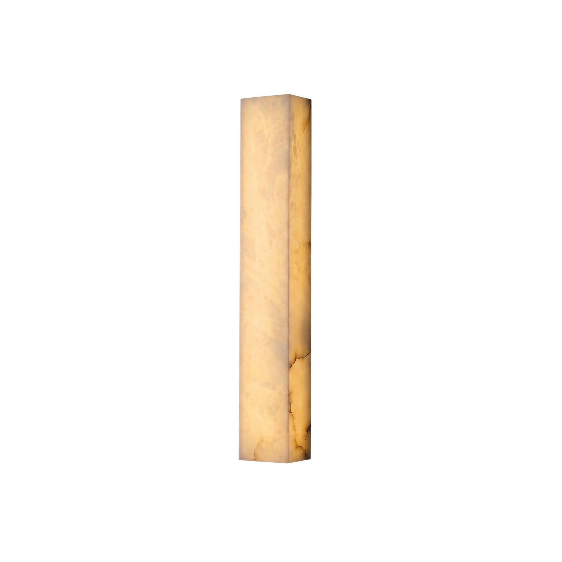 Dara long alabaster wall sconce against a plain wall.