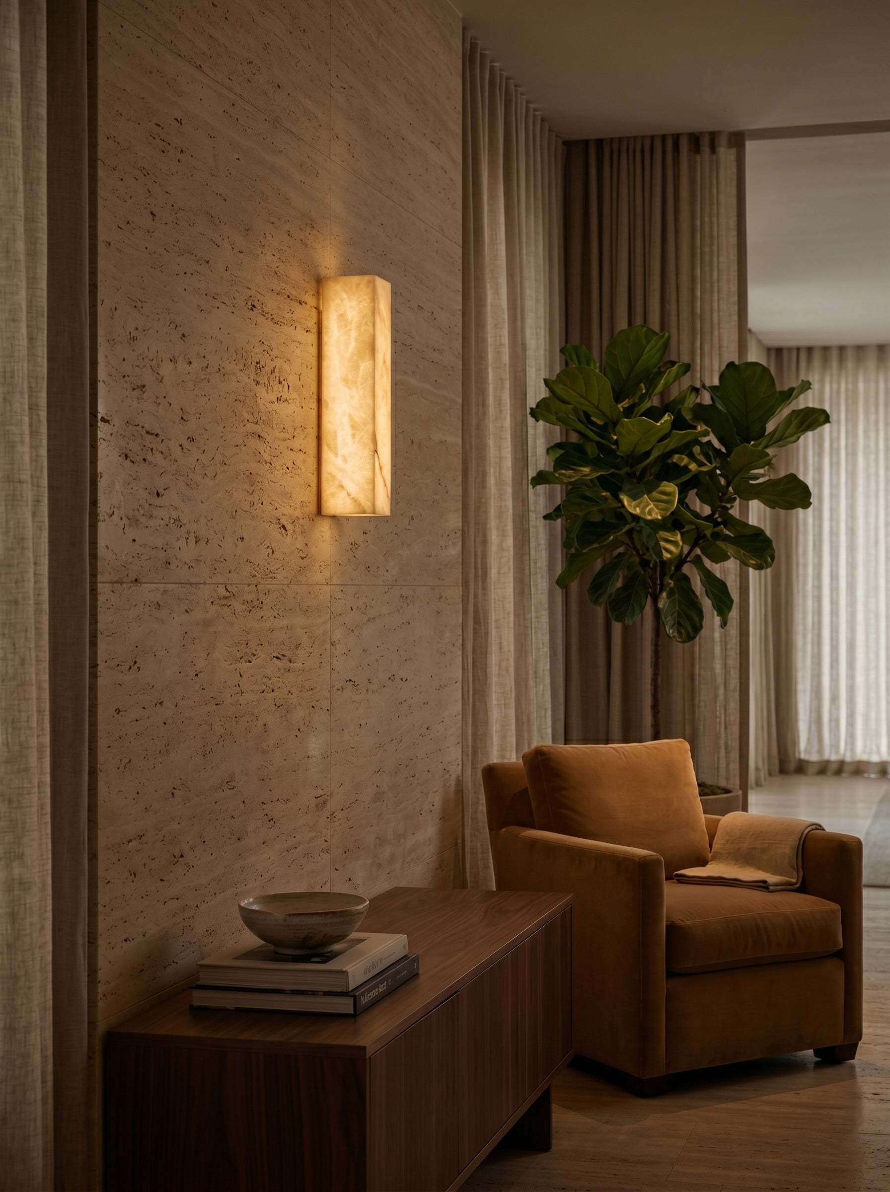 Close-up of the natural mineral veining on the Dara alabaster wall sconce.