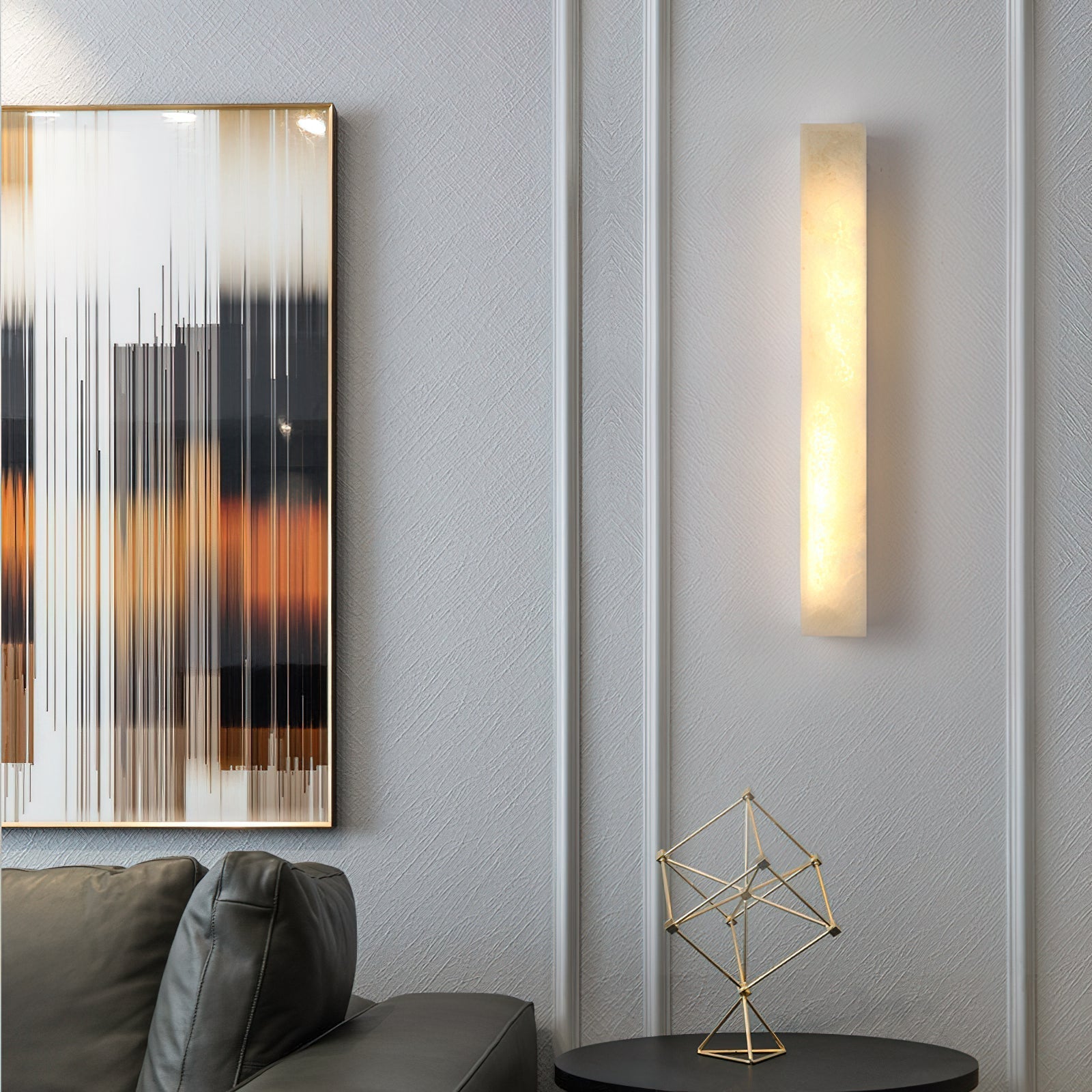 Side view of the Dara long alabaster wall sconce showing its depth.
