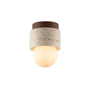 Davise Flush Mount with travertine and walnut finish.