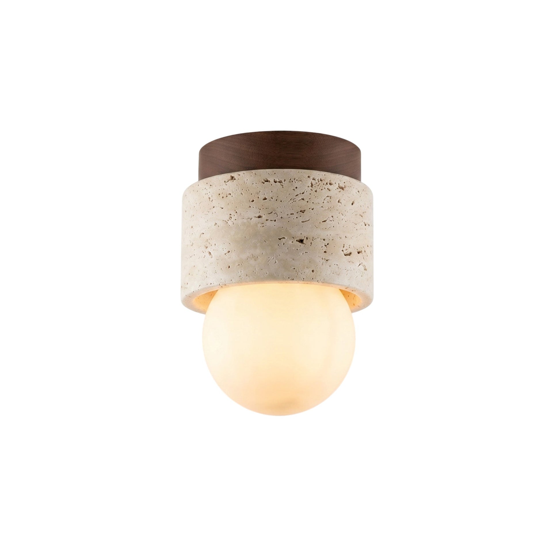 Davise Flush Mount with travertine and walnut finish.