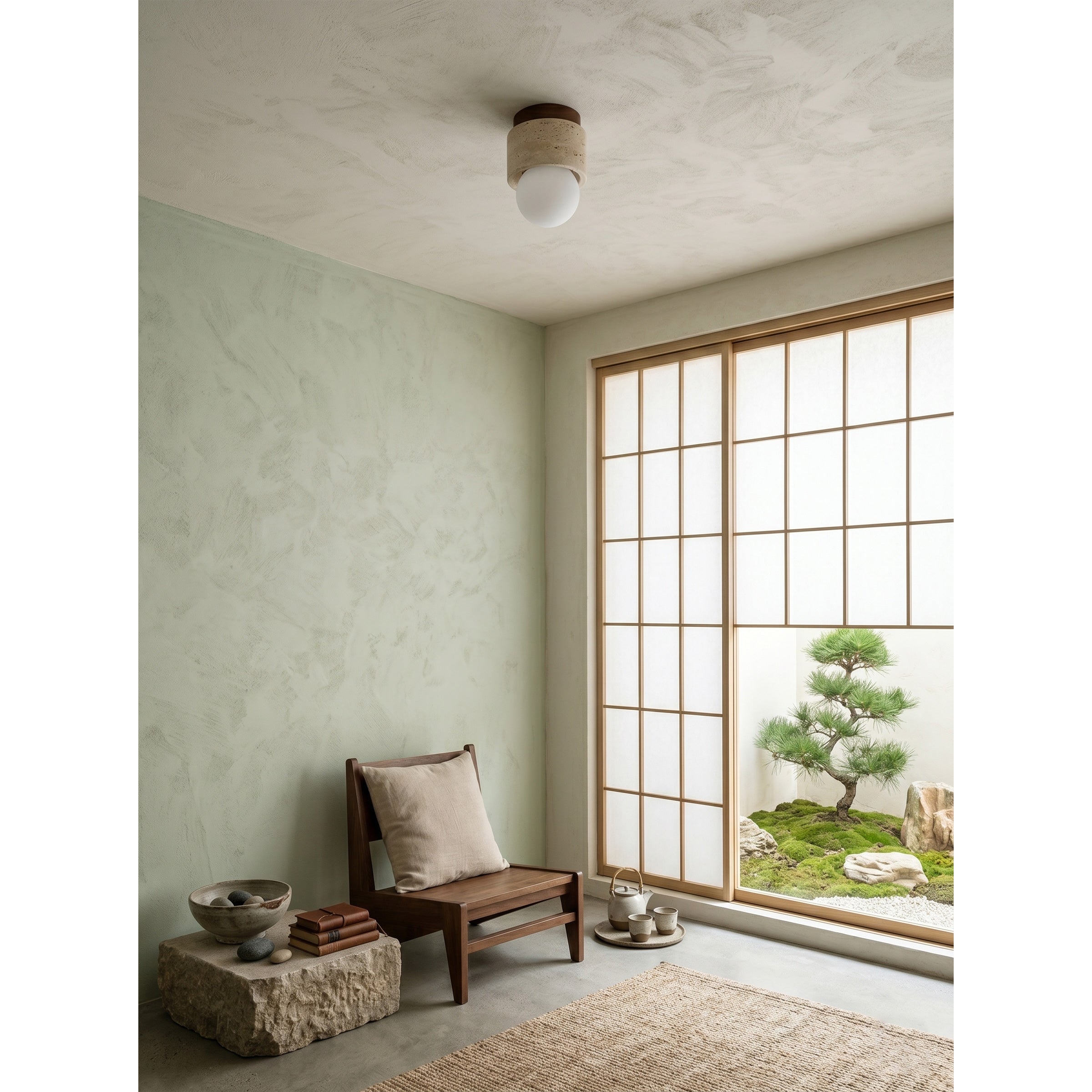 Davise Flush Mount installed on a ceiling in a minimalist hallway.