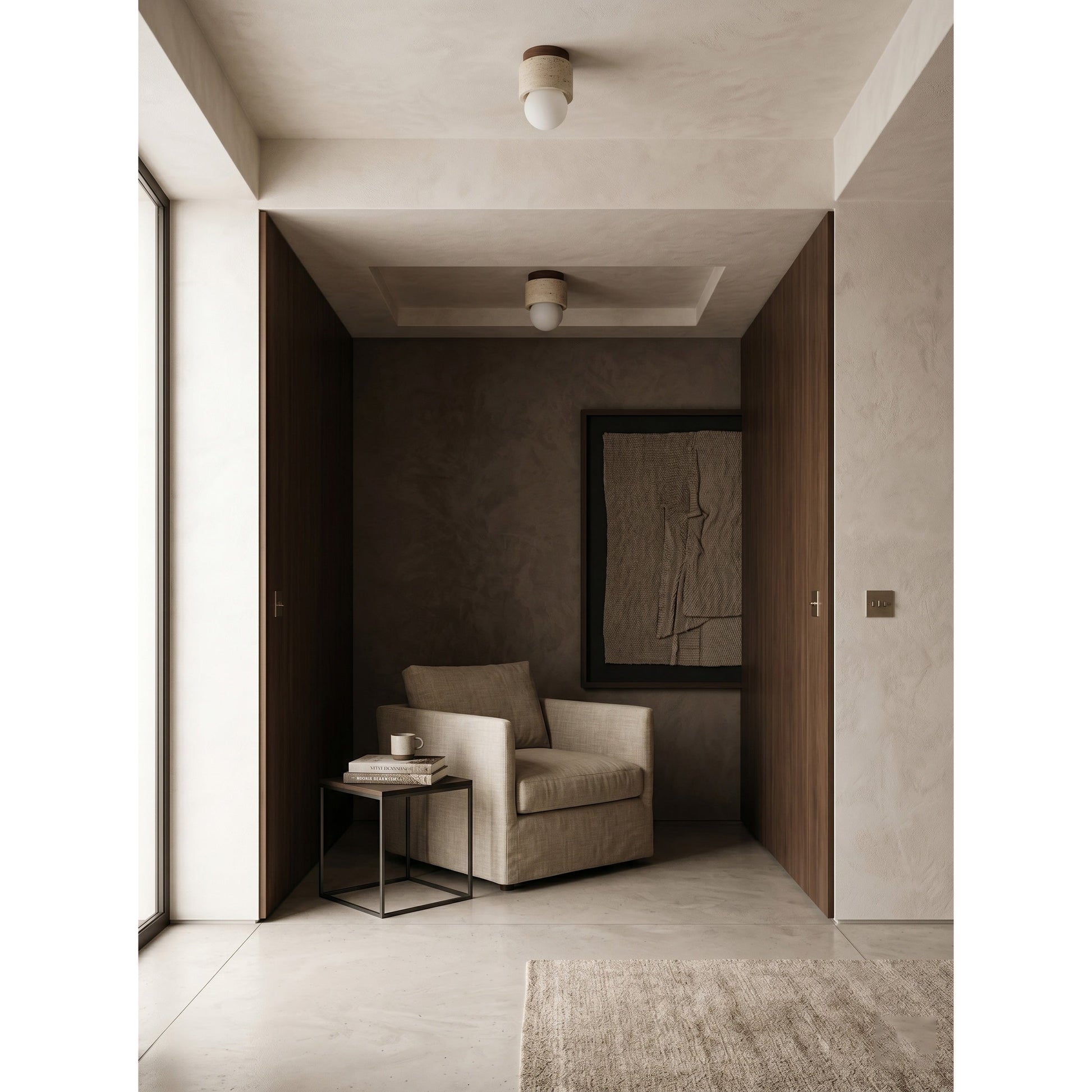 Lifestyle image of the flush mount in a Japandi-style entryway.