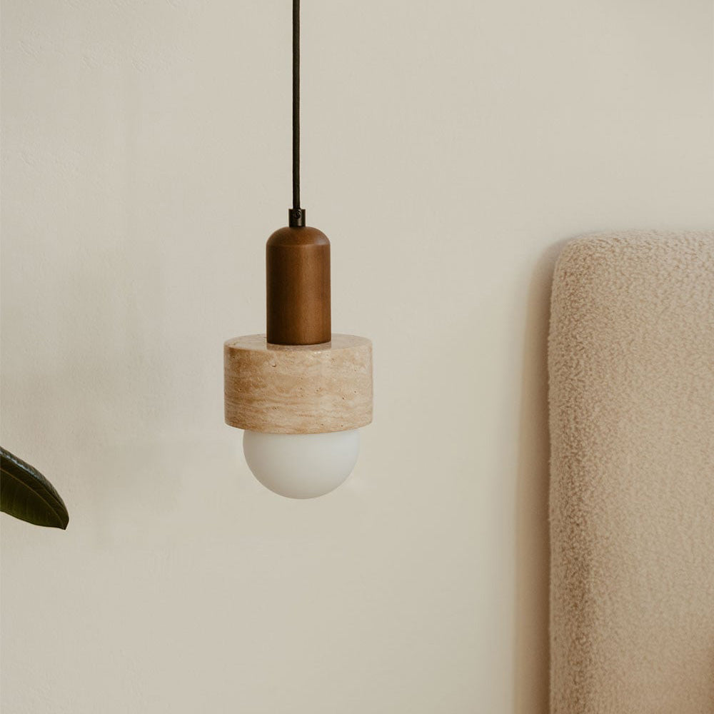 Close-up of the natural travertine stone detail on the Davise lamp.