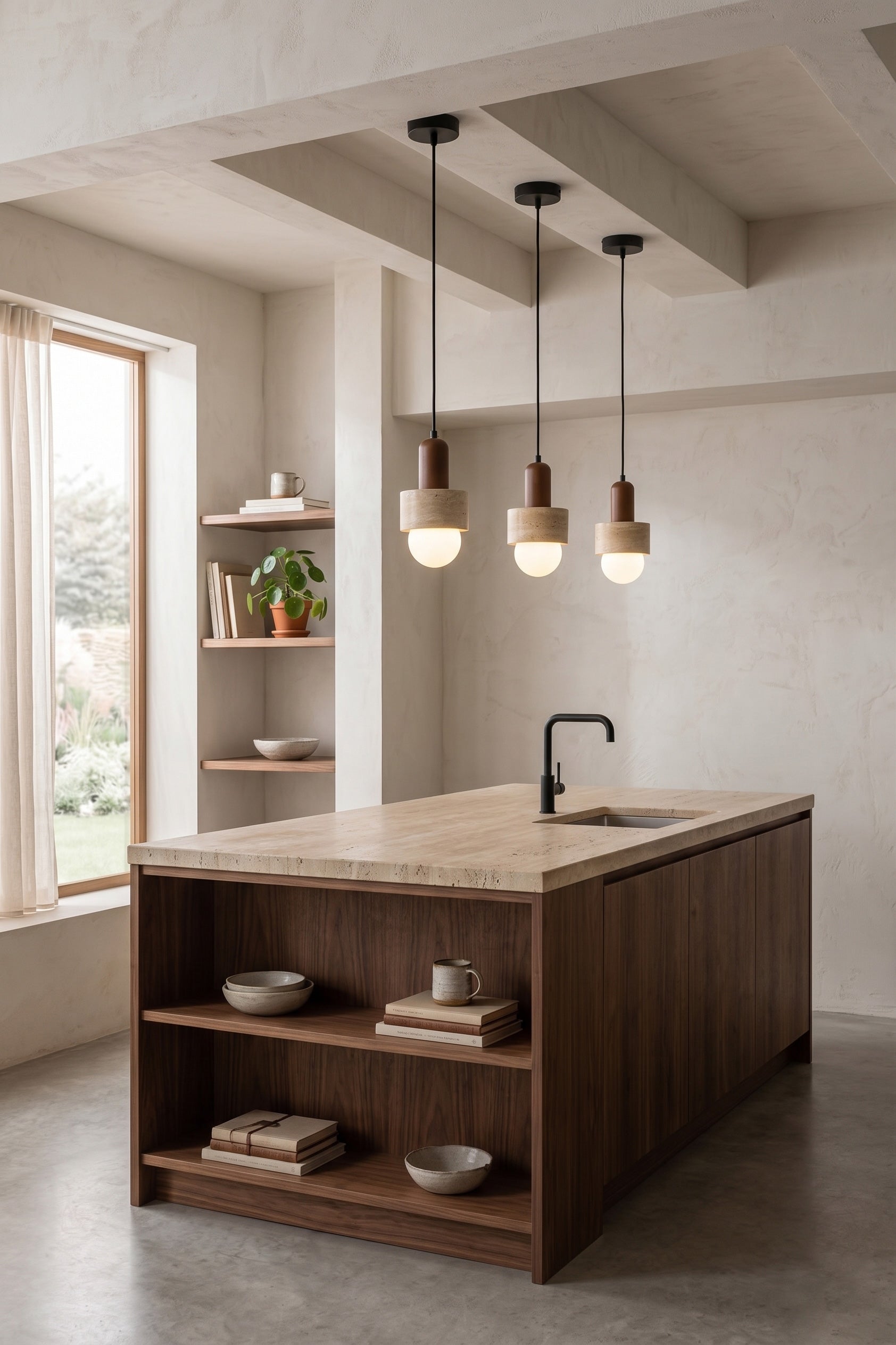 A series of Davise Pendant Lamps hanging over a modern kitchen island.