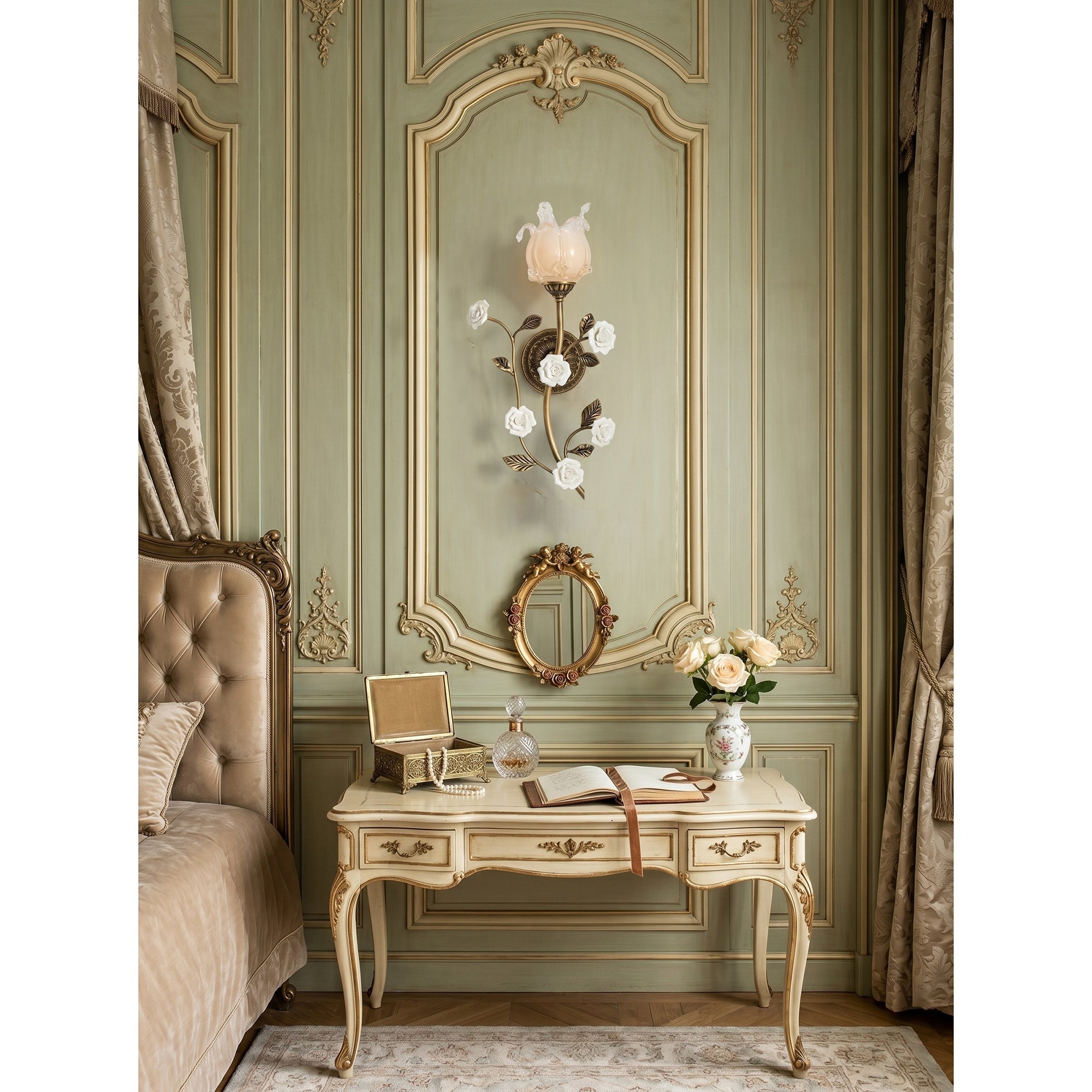 The wall sconce installed in a romantic, cottagecore-style bedroom.