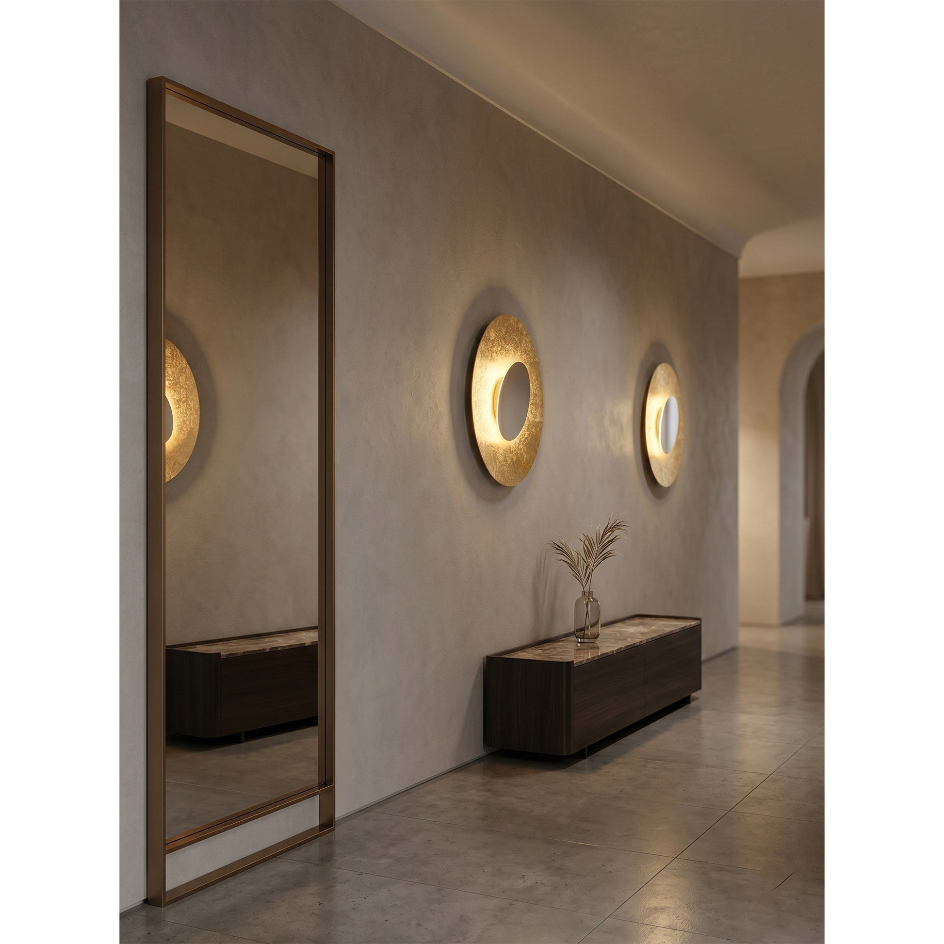 A pair of Escale Blade Wall Sconces shown in a luxury powder room setting.