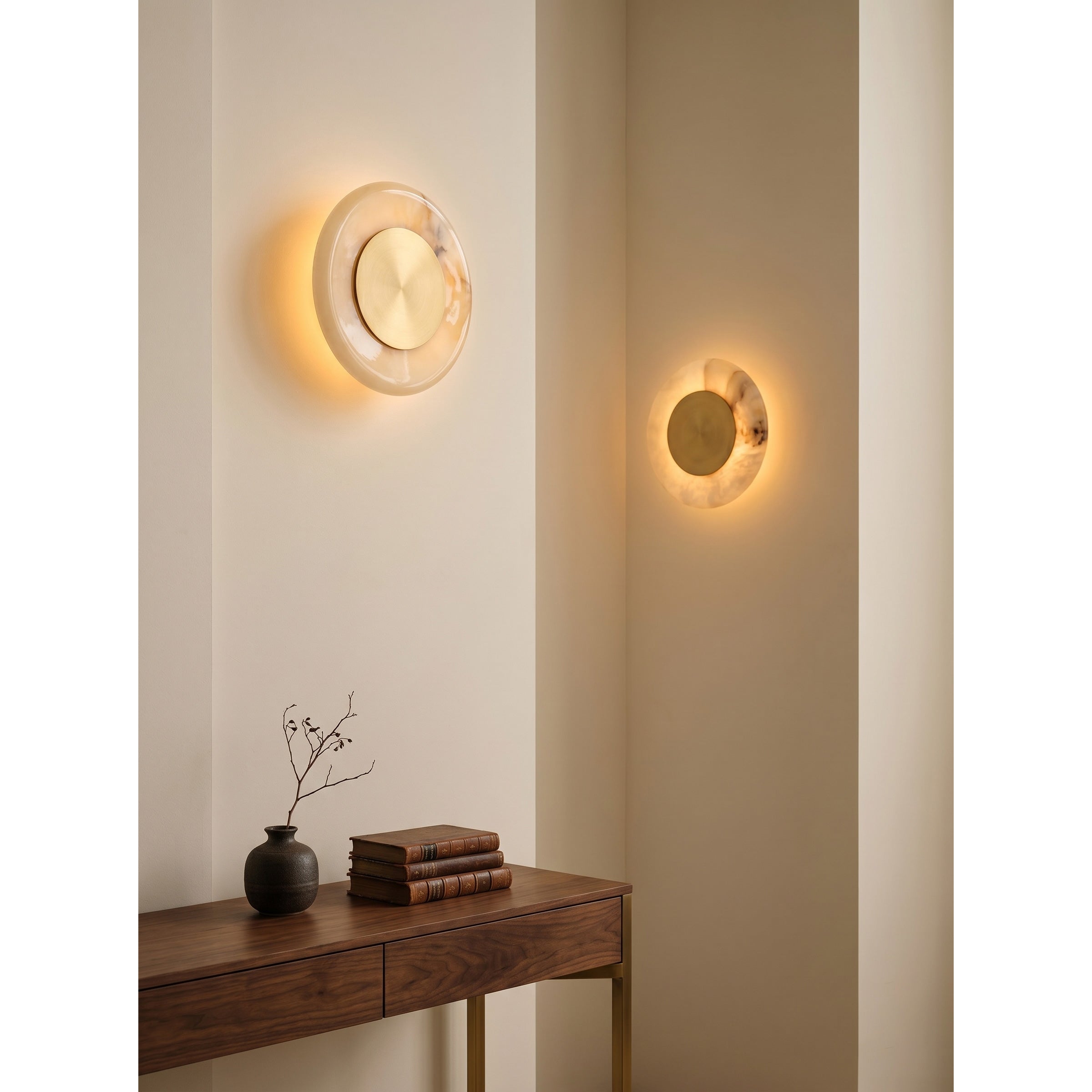 Lifestyle view of the sconce in a contemporary hallway.