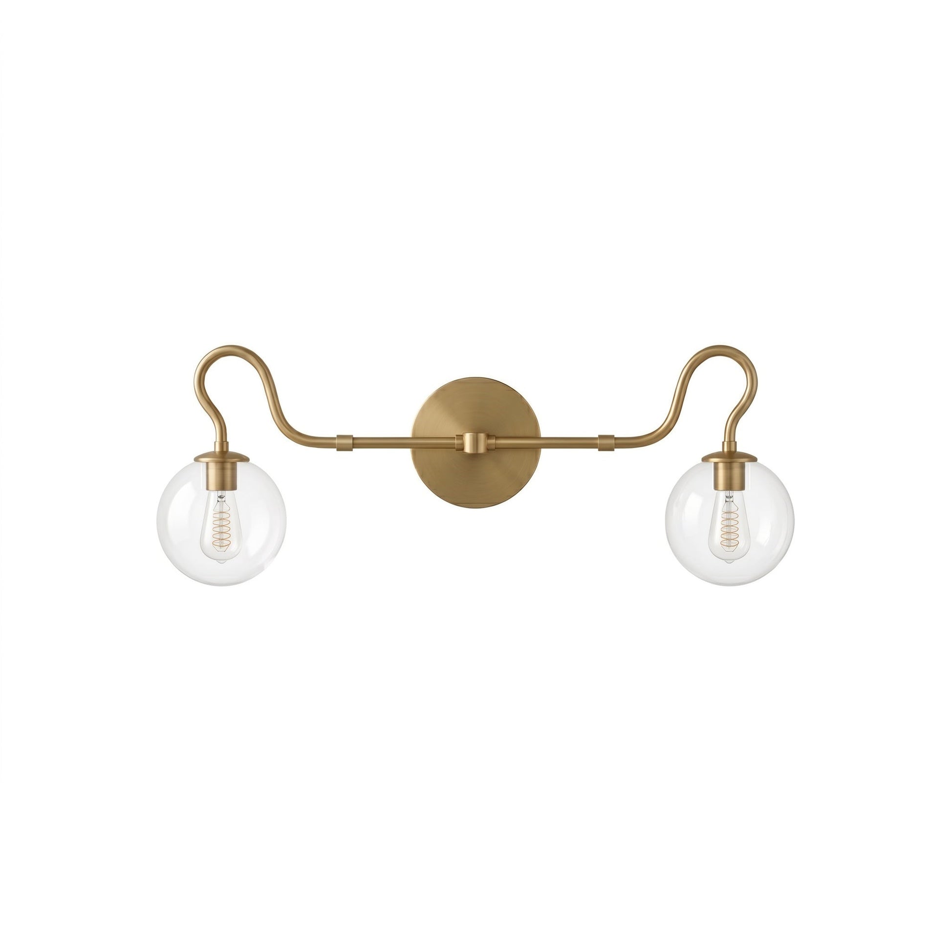 Floren Double Wall Sconce in brass finish with clear glass globes.