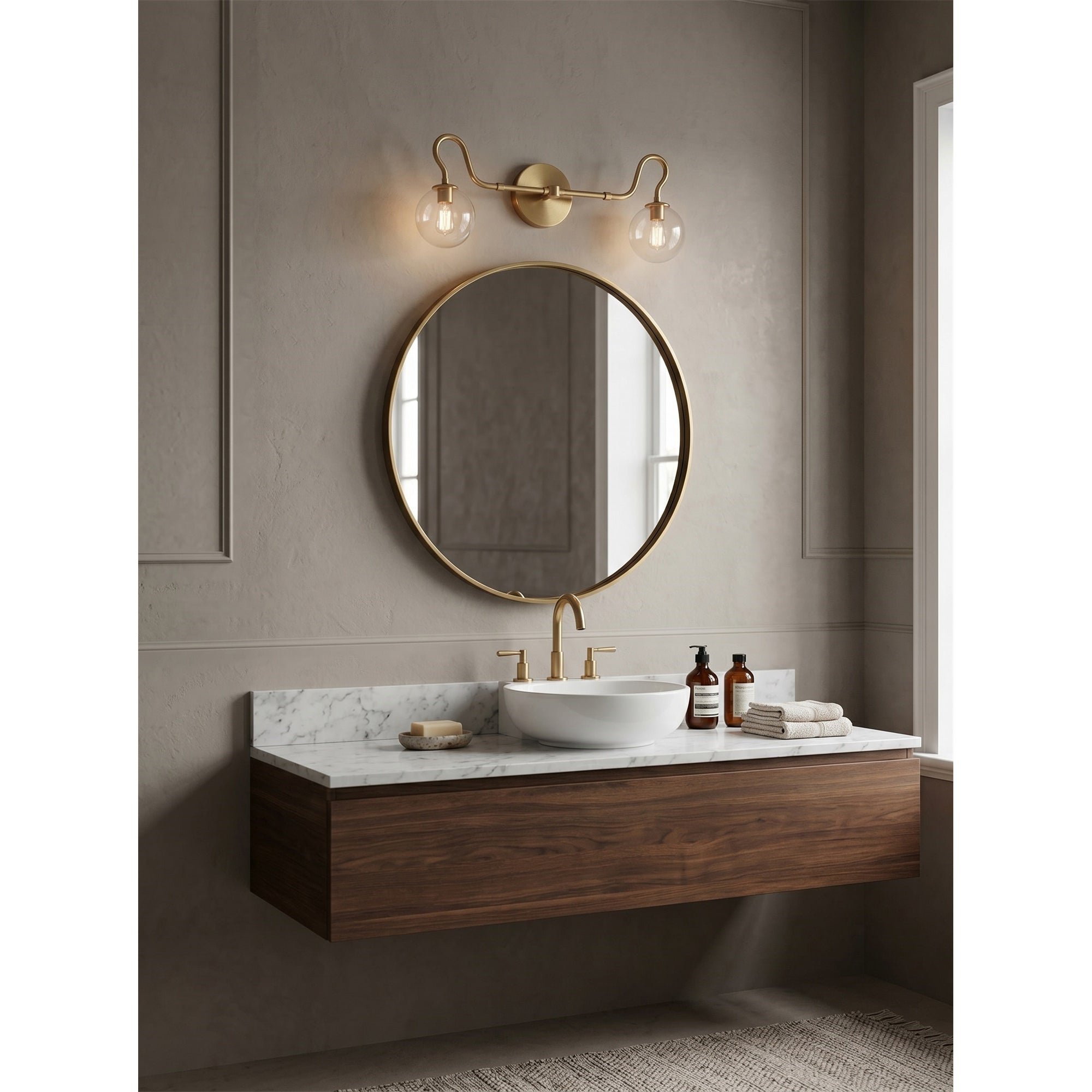 Floren Double Wall Sconce in a polished nickel finish with clear glass globes.