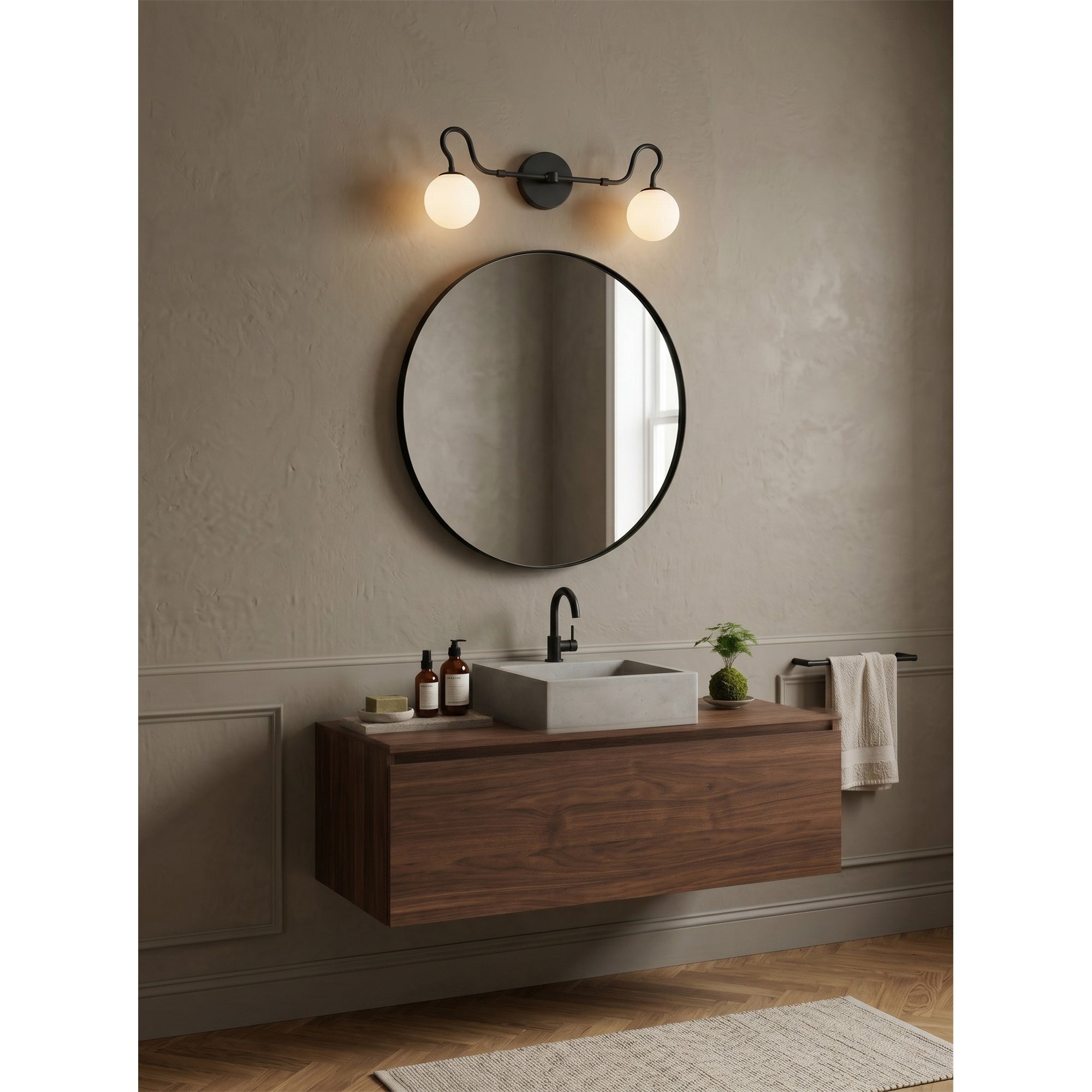 Floren Double Wall Sconce in brass finish with white glass globes.